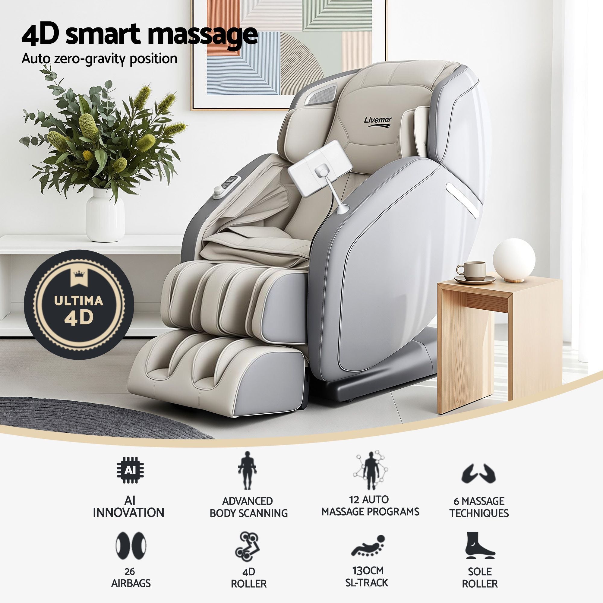 Livemor 4D Massage Chair Recliner - Full Body SL-Track Zero Gravity with AI Body Scan, Deep Tissue Electric MASCHR-4D-1AIR-GRBG