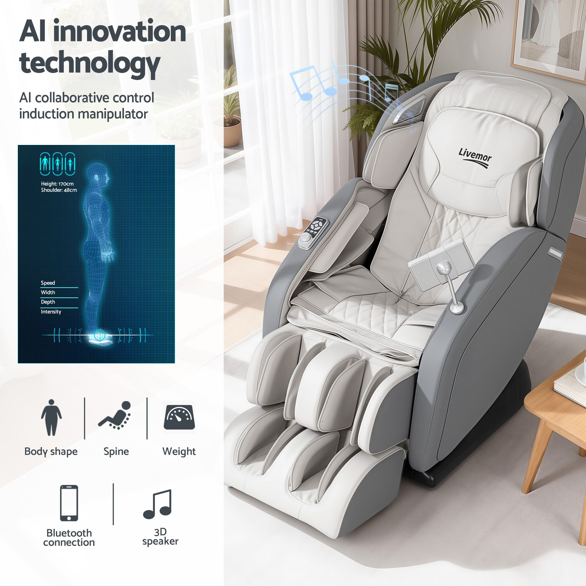 Livemor 4D Massage Chair Recliner - Full Body SL-Track Zero Gravity with AI Body Scan, Deep Tissue Electric MASCHR-4D-1AIR-GRBG