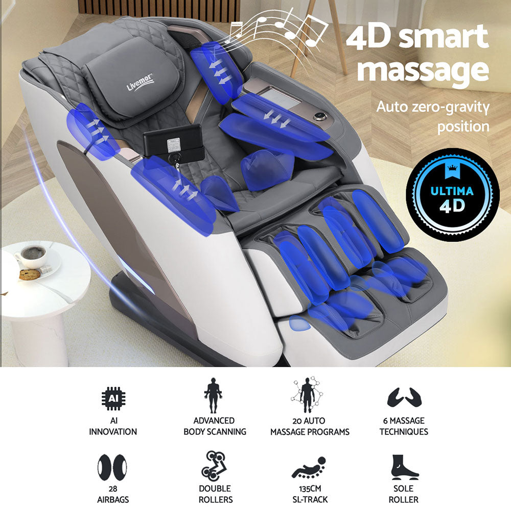 Livemor 4D Massage Chair Electric Recliner Double Core Mechanism Massager Melisa White MASCHR-4D-2GEAR-WHGY