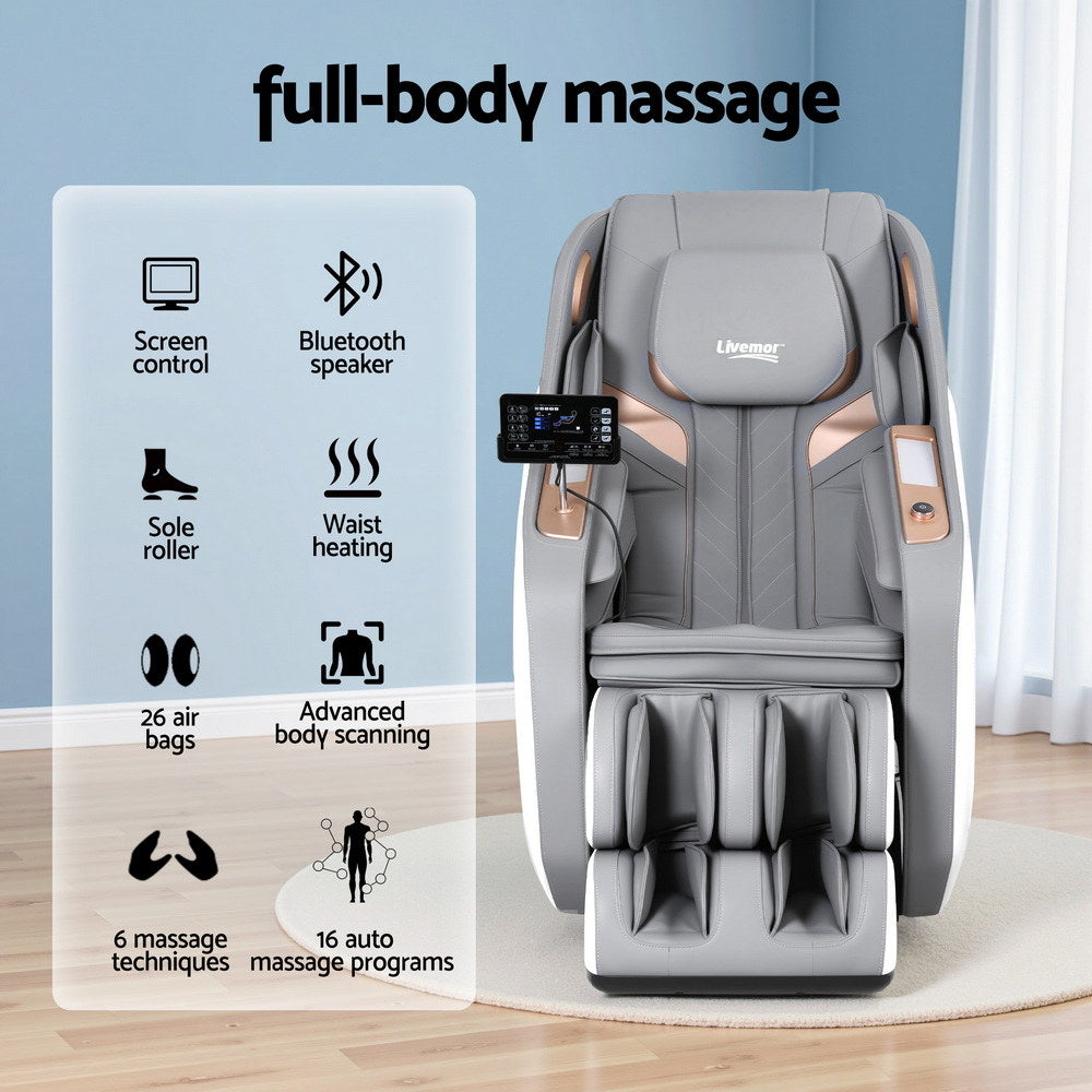 Livemor Massage Chair Electric Recliner Double Core Mechanism Massager ROWA White MASCHR-4D-ROWA-WHGY