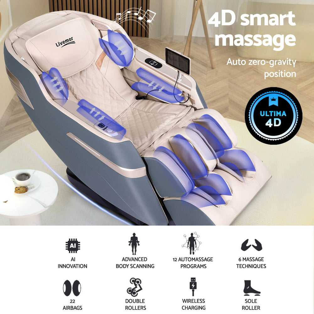 Livemor 4D Massage Chair Recliner SL Track Full Body Zero Gravity Massager Heated AI Body Scan SINA MASCHR-4D-SINA-GY