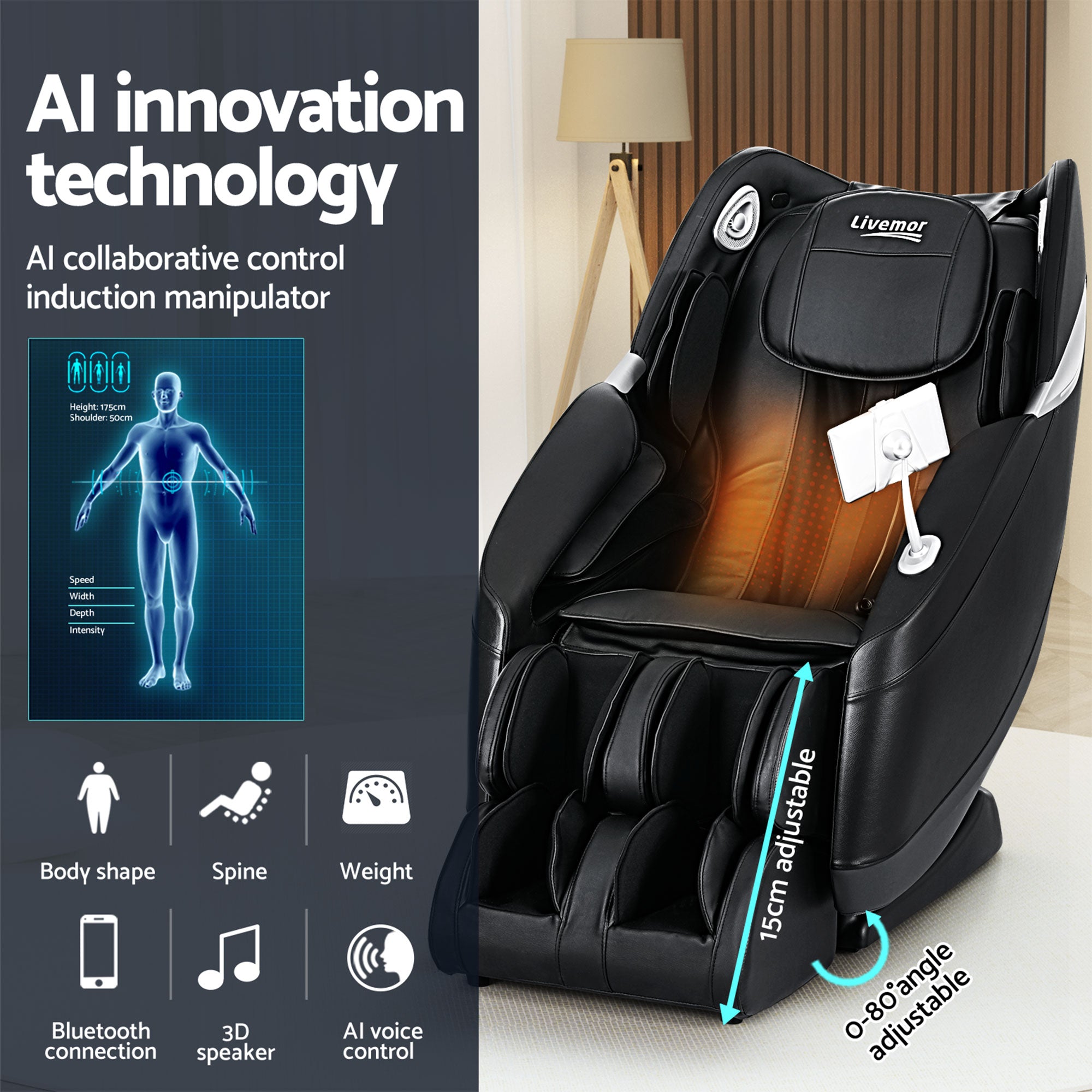 Livemor Massage Chair Electric Recliner Home 3D Massager Flynn MASCHR-E-3D-FLYNN-BK