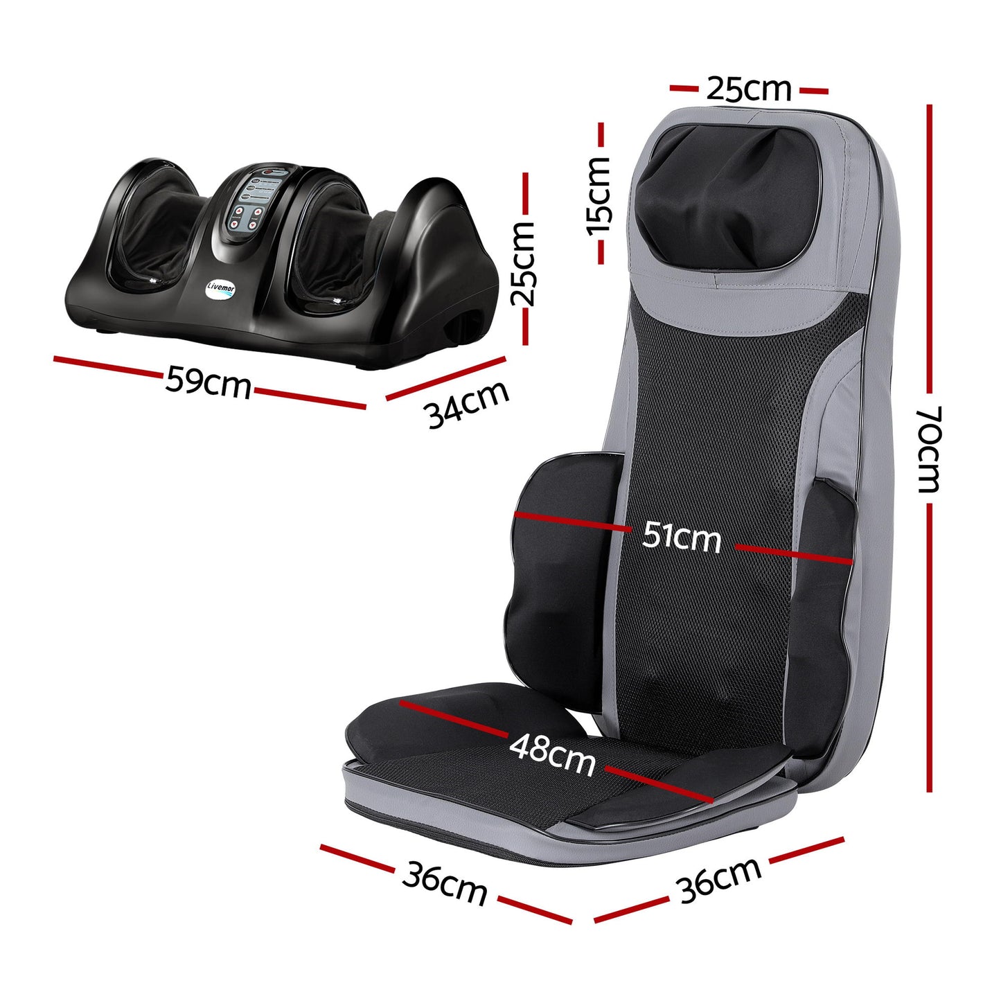 Livemor 8-nodes Full Back Massage Seat Cushion Heating With Foot Massagers MASSAGE-11-BARON-BK