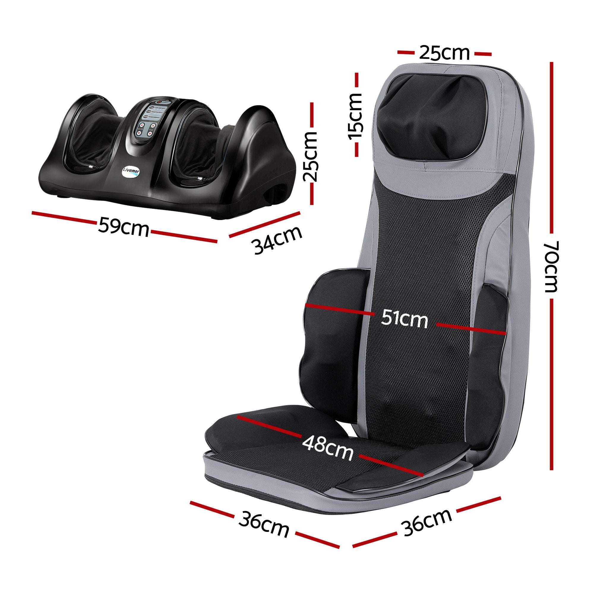 Livemor 8-nodes Full Back Massage Seat Cushion Heating With Foot Massagers MASSAGE-11-BARON-BK