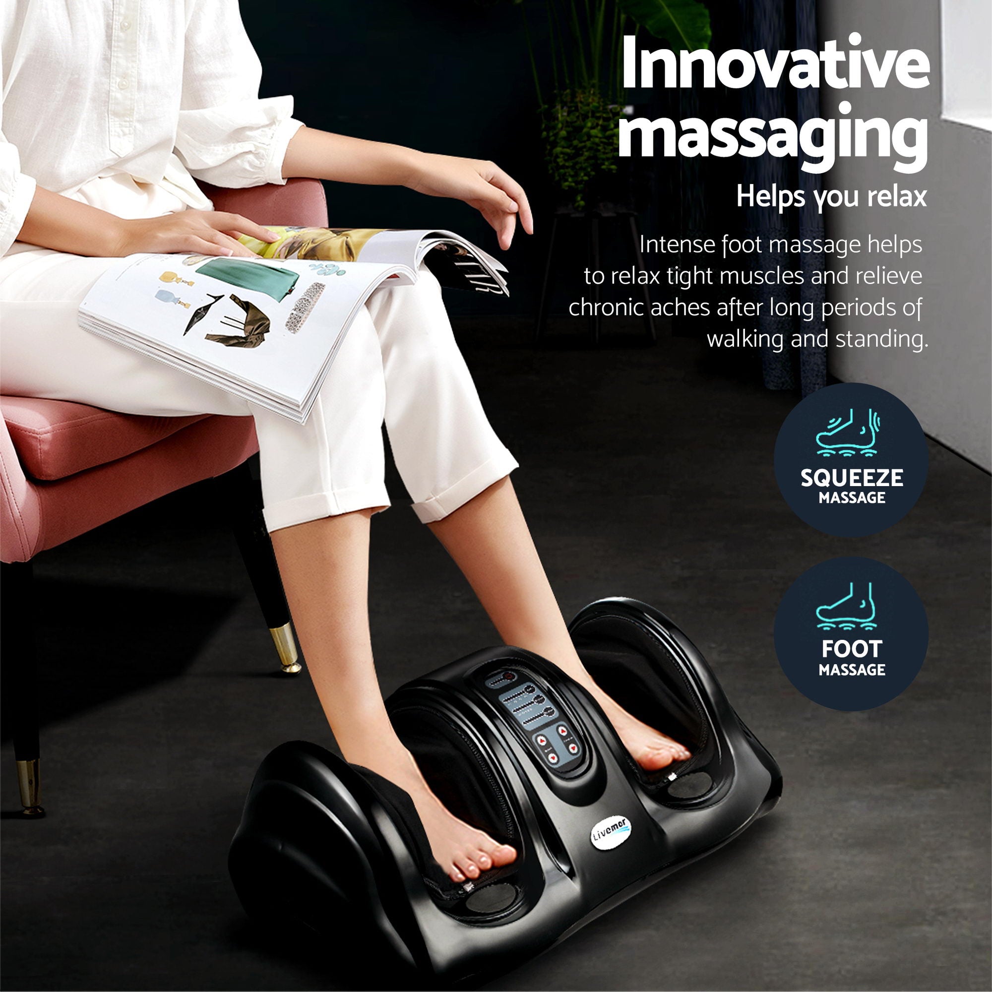Livemor 8-nodes Full Back Massage Seat Cushion Heating With Foot Massagers MASSAGE-11-BARON-BK