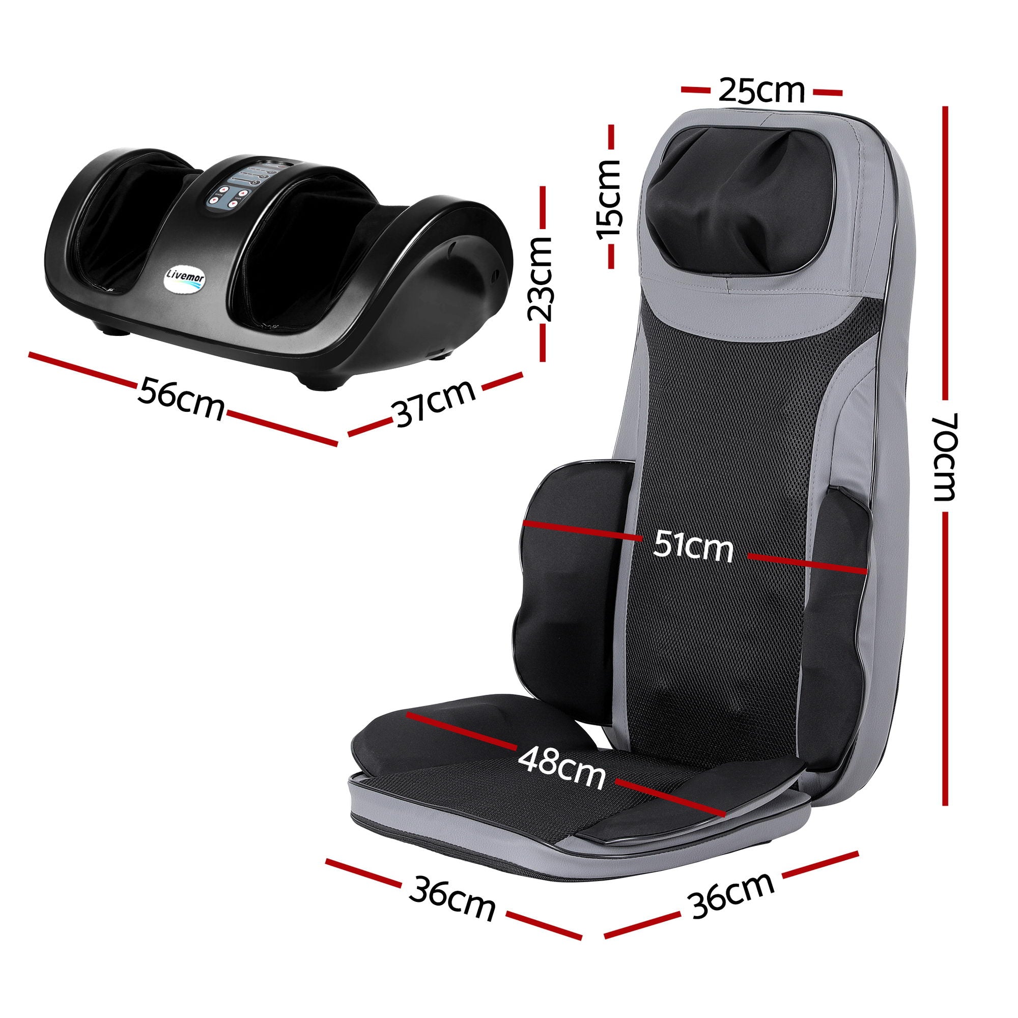 Livemor Full Back Massage Seat Cushion Heating With Kneading Foot Massagers MASSAGE-188-BARON-BK