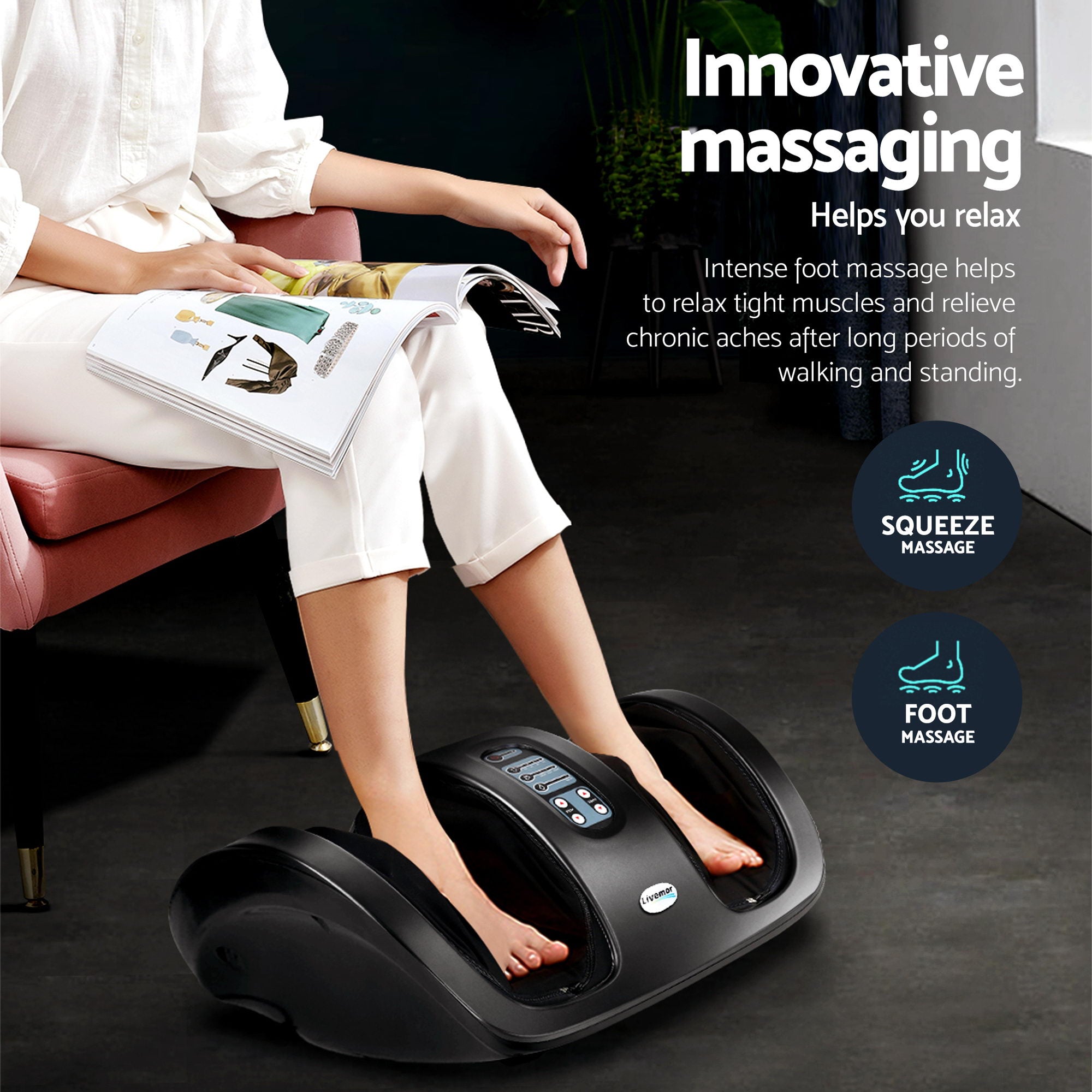 Livemor Full Back Massage Seat Cushion Heating With Kneading Foot Massagers MASSAGE-188-BARON-BK