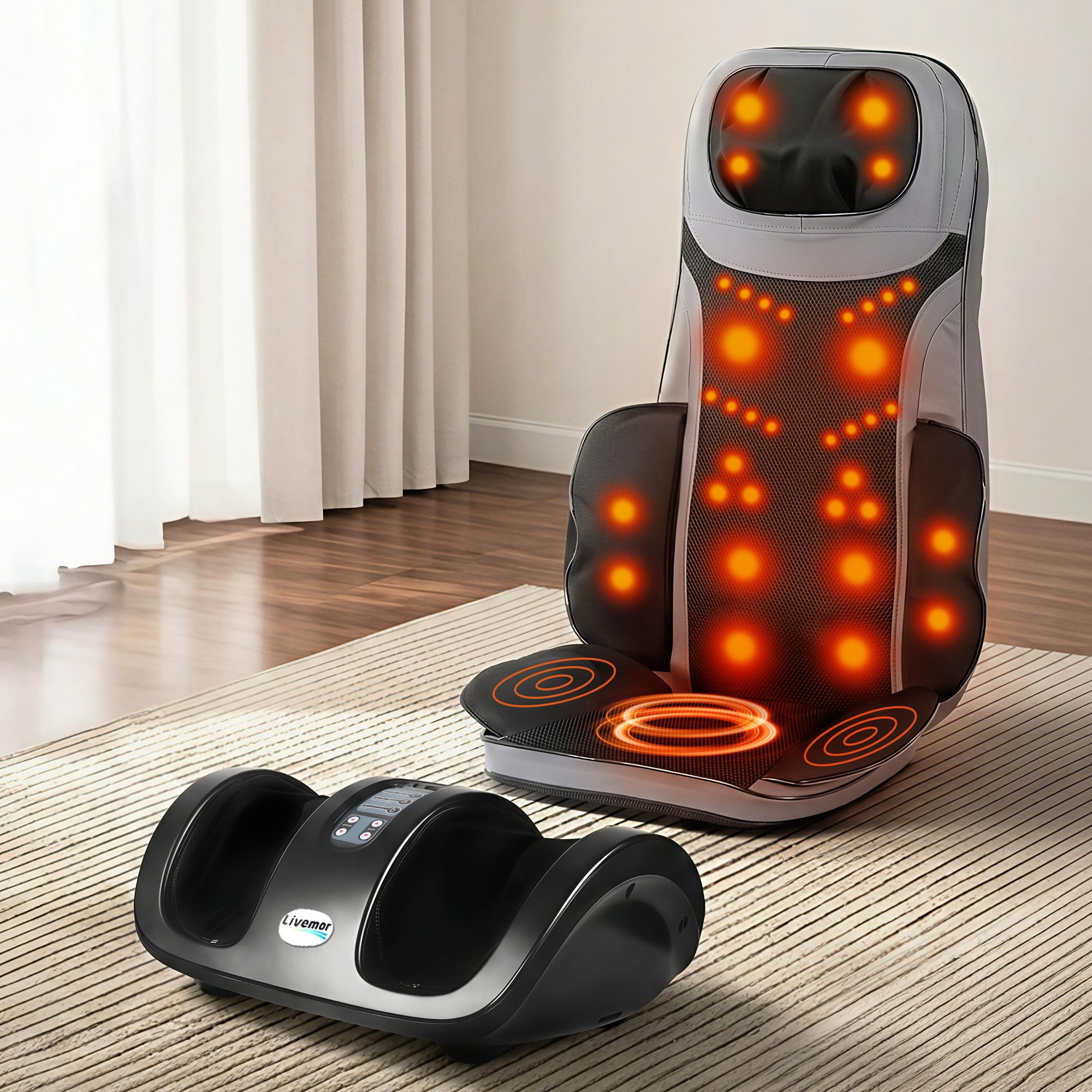 Livemor Full Back Massage Seat Cushion Heating With Kneading Foot Massagers MASSAGE-188-BARON-BK