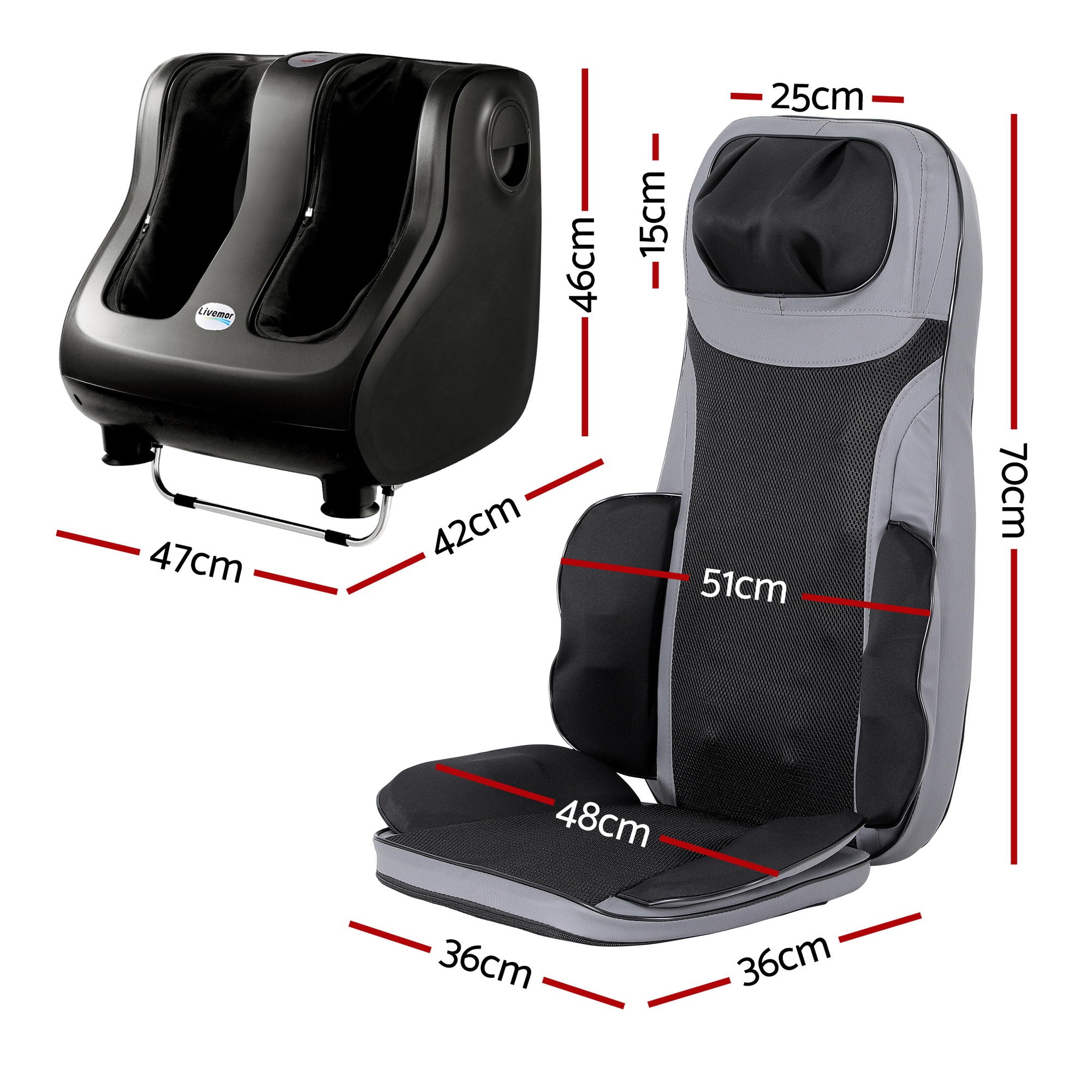 Livemor Full Back Massage Seat Cushion Heating With 360 degrees Foot Massagers MASSAGE-288-BARON-BK
