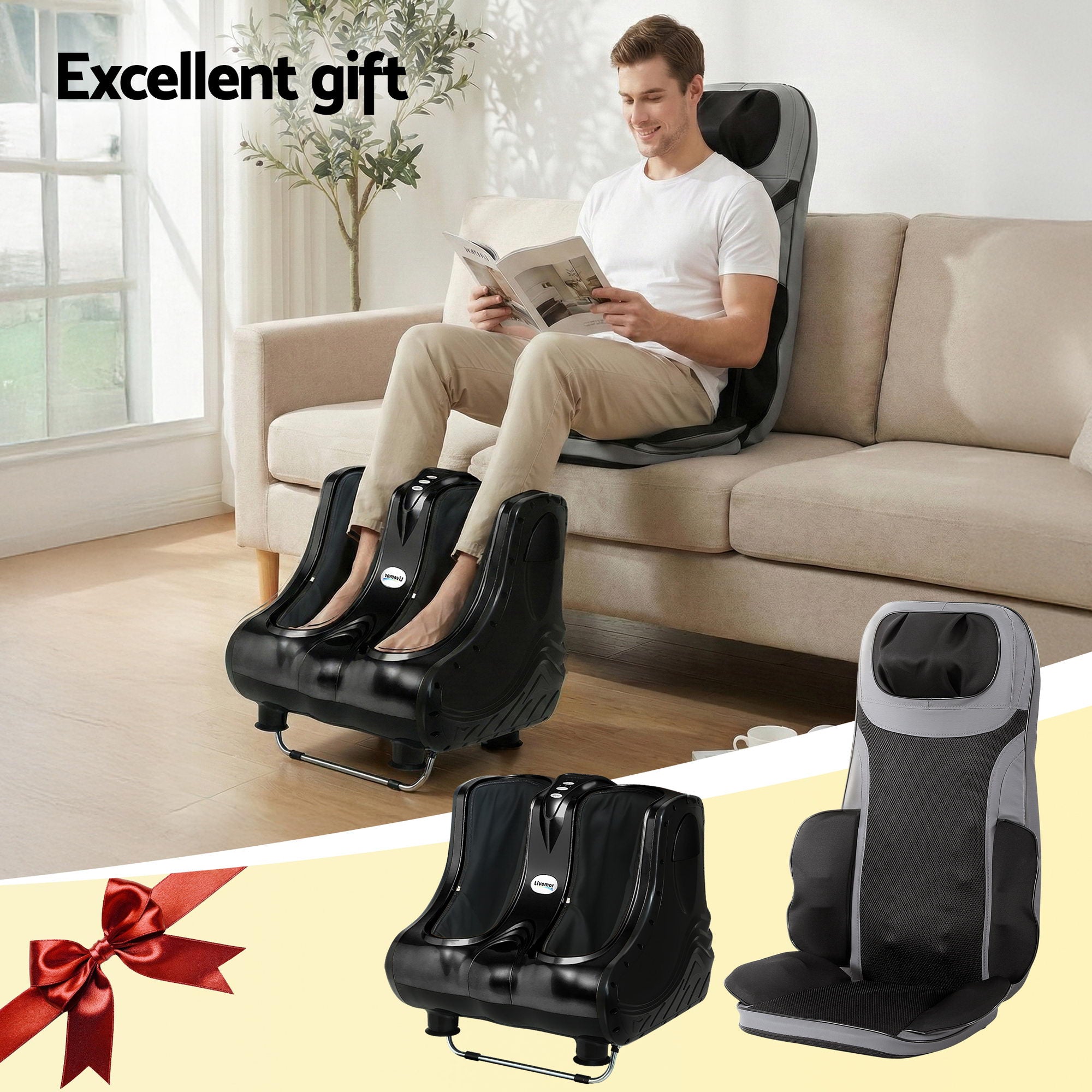 Livemor Massage Cushion Heating Massage Seats With Calf Foot Massager MASSAGE-LF03-BARON-BK