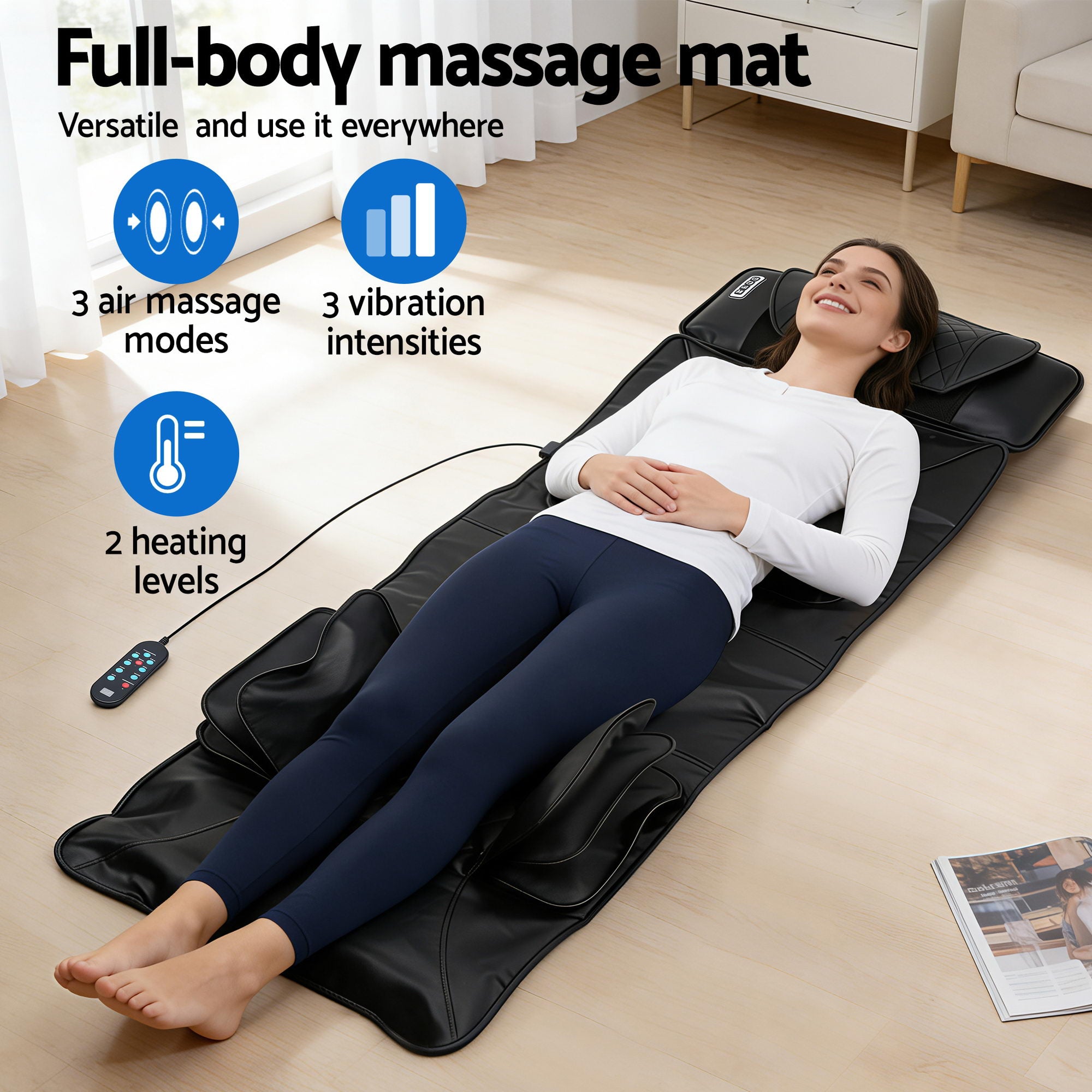 Livemor Massage Mat Heated Kneading Neck Massager Lumbar Airbag Stretch MASSAGE-MAT-04-PU-BK