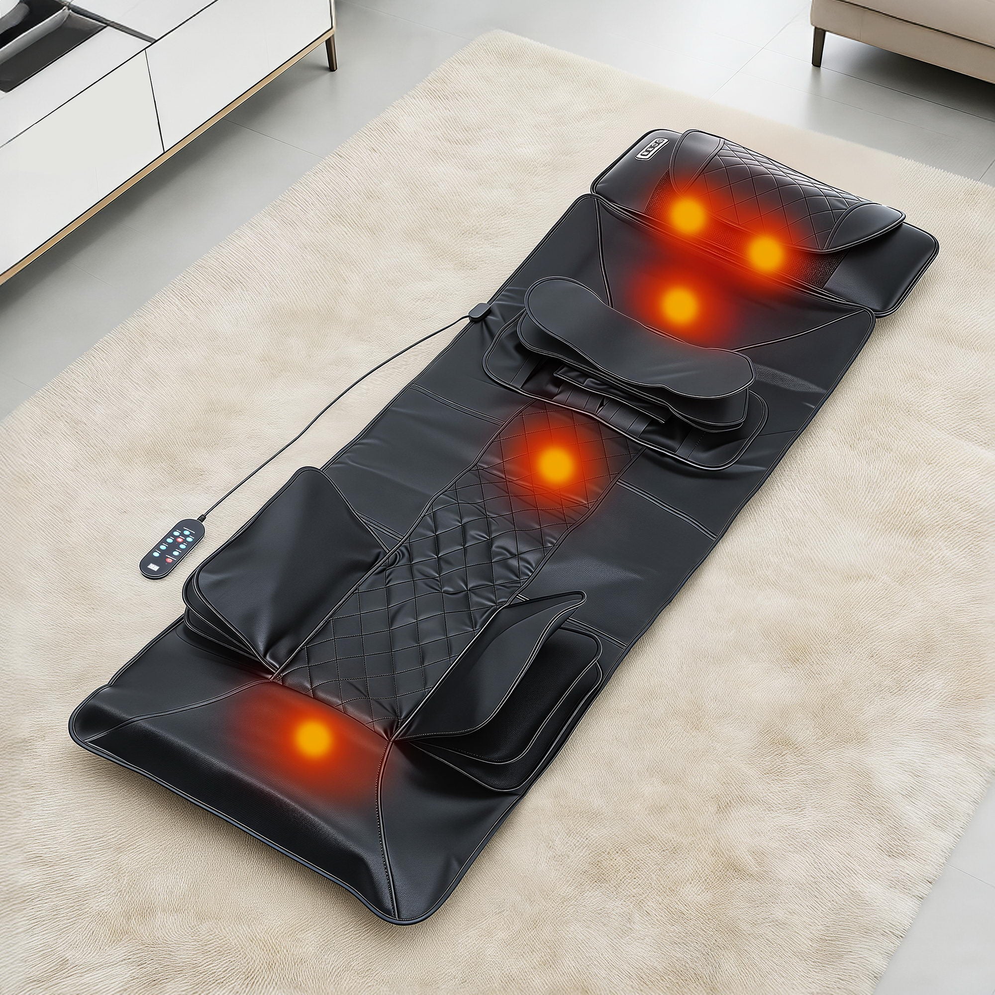 Livemor Massage Mat Heated Kneading Neck Massager Lumbar Airbag Stretch MASSAGE-MAT-04-PU-BK