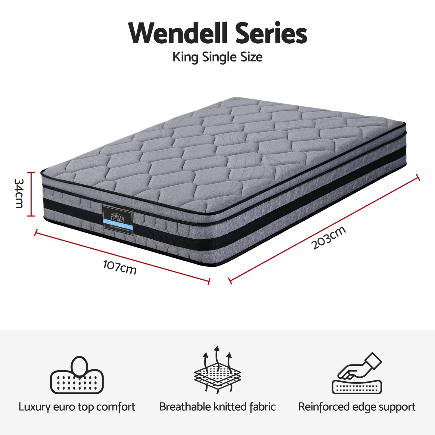 Giselle Bedding 34cm King Single Mattress Hybrid, Pocket Spring Bed Mattress MATTRESS-B-TT34-KS