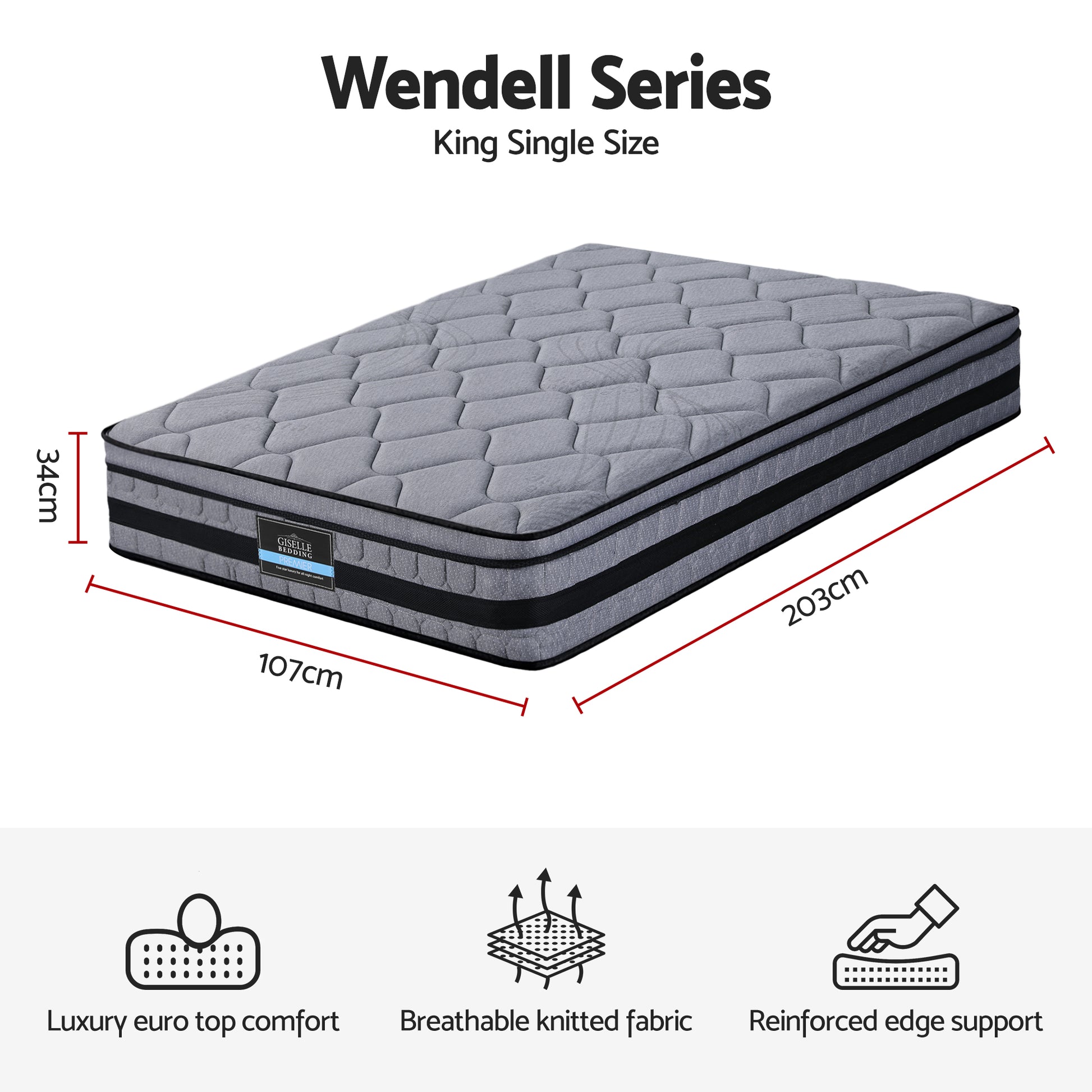 Giselle Bedding 34cm King Single Mattress Hybrid, Pocket Spring Bed Mattress MATTRESS-B-TT34-KS