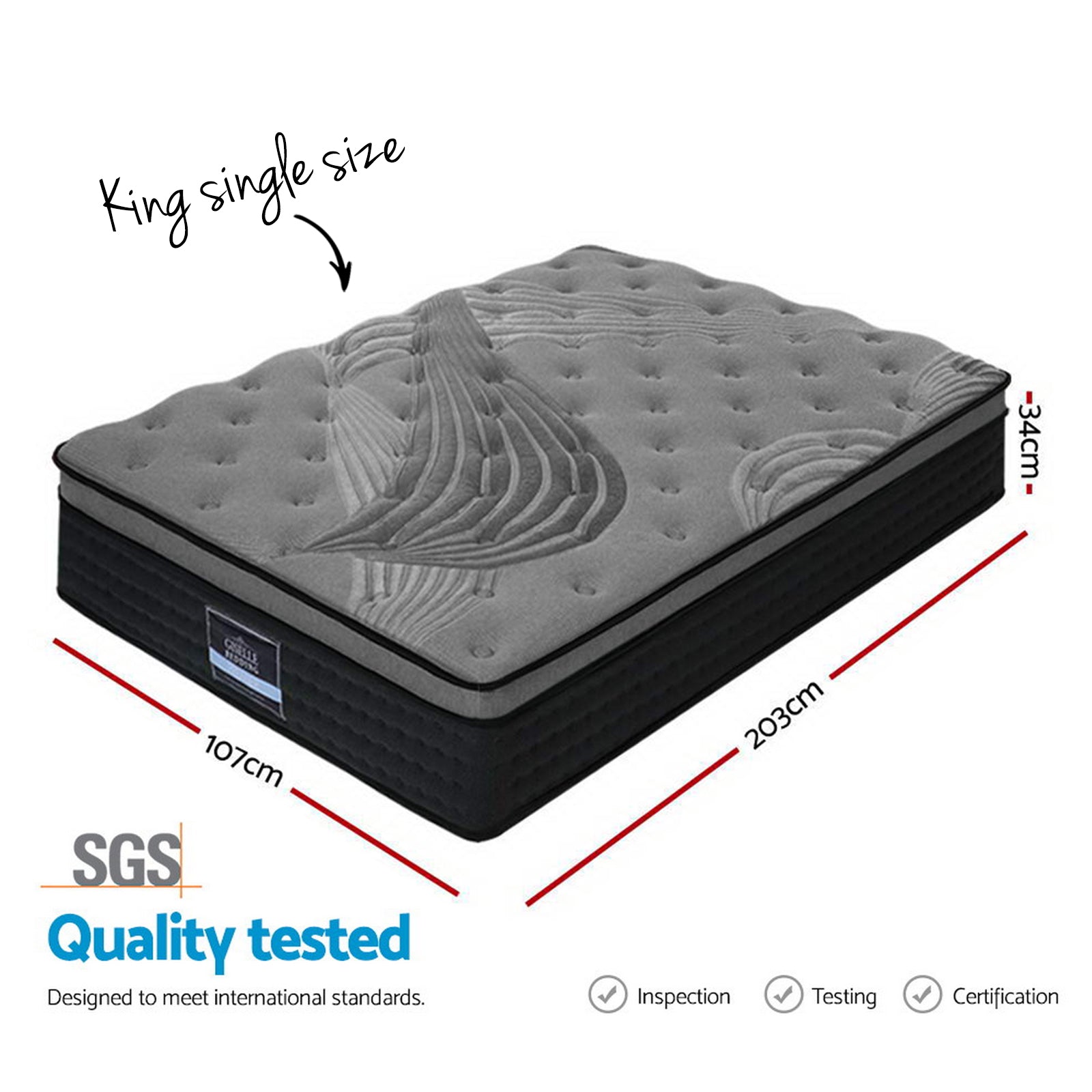 Giselle Bedding 34cm Mattress Bamboo Cover King Single MATTRESS-BLACK-KS