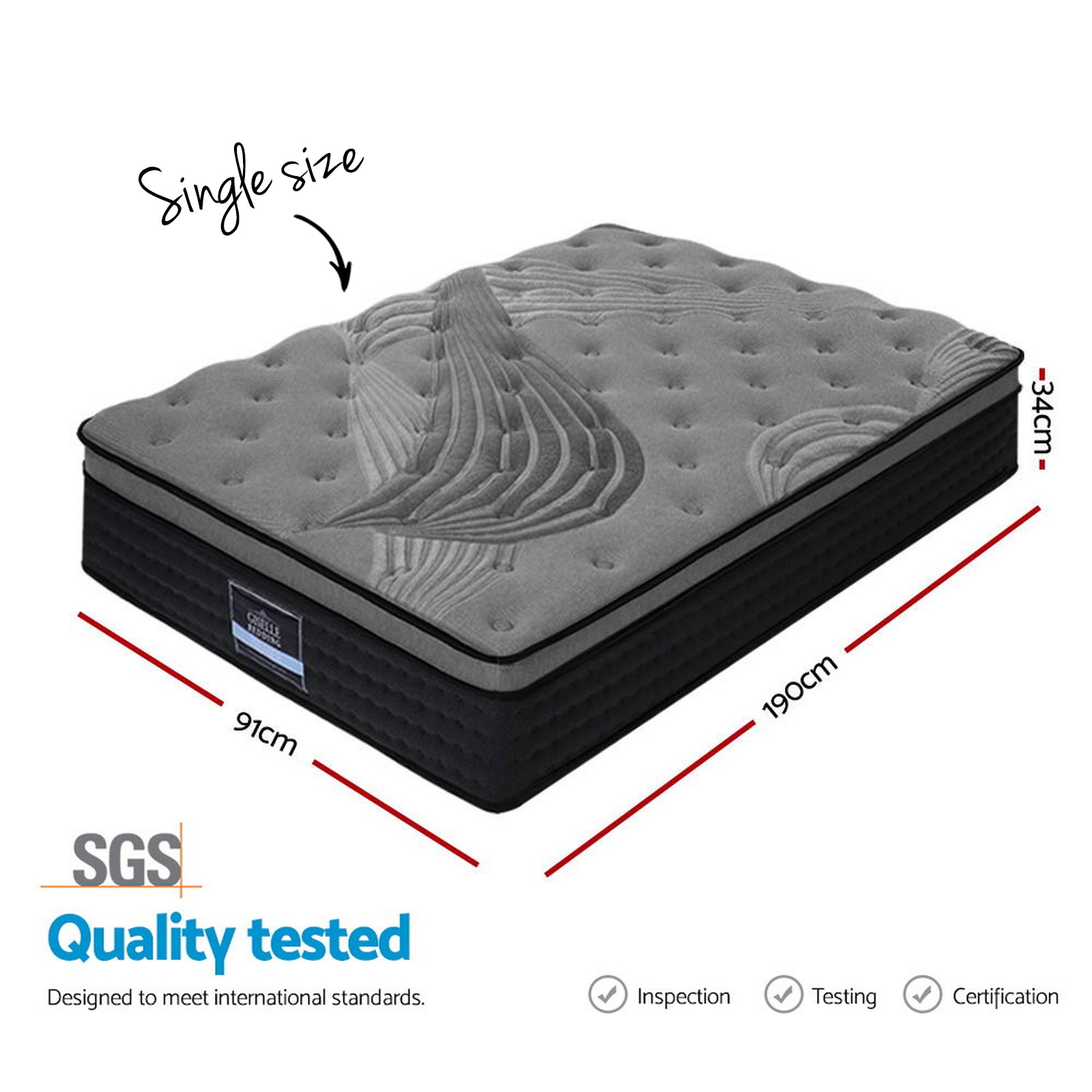 Giselle Bedding 34cm Mattress Bamboo Cover Single MATTRESS-BLACK-SINGLE
