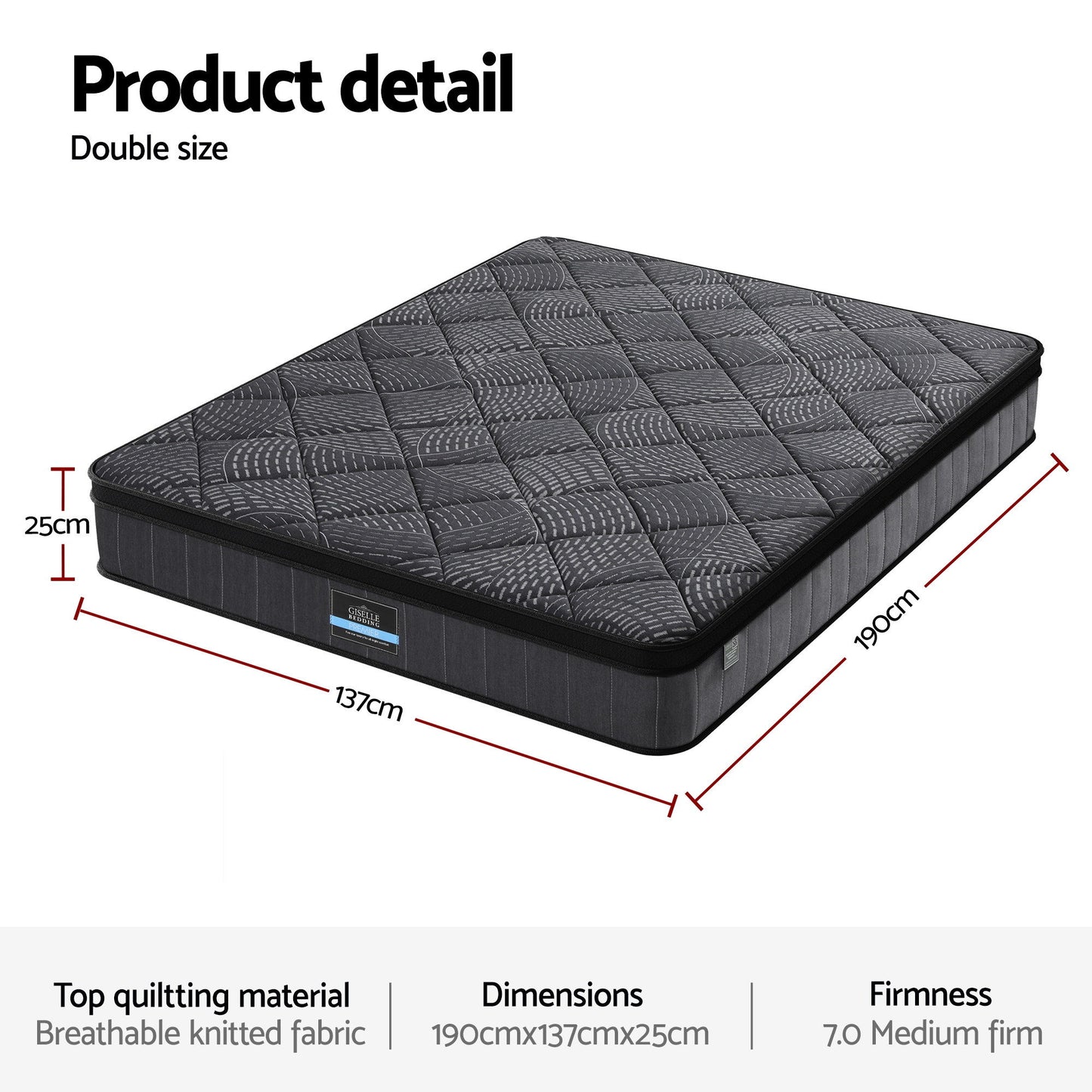 Giselle Bedding Double Mattress 25cm Pocket Spring Latex Euro Top Medium Firm Bed MATTRESS-D-NOIR-25-D