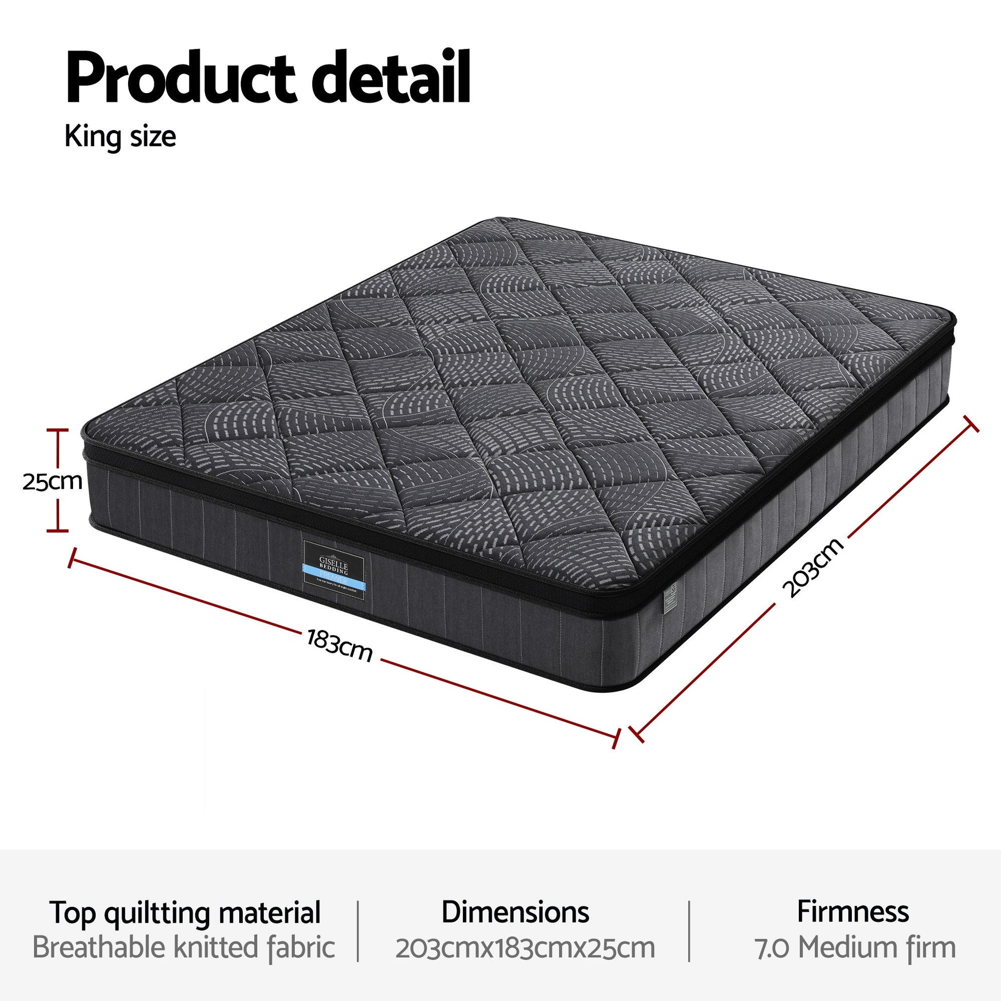 Giselle Bedding King Mattress 25cm Pocket Spring Latex Euro Top Medium Firm Bed MATTRESS-D-NOIR-25-K