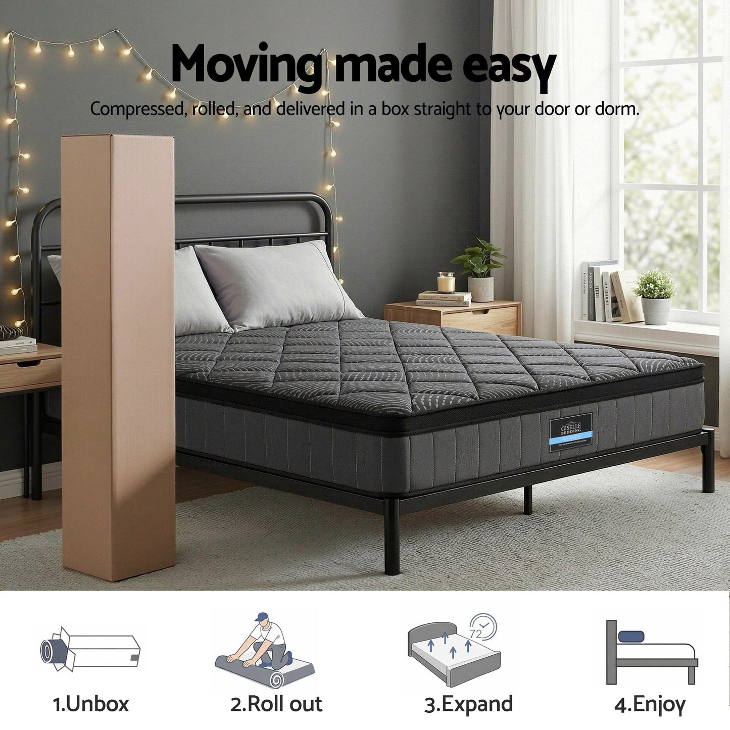 Giselle Bedding King Mattress 25cm Pocket Spring Latex Euro Top Medium Firm Bed MATTRESS-D-NOIR-25-K