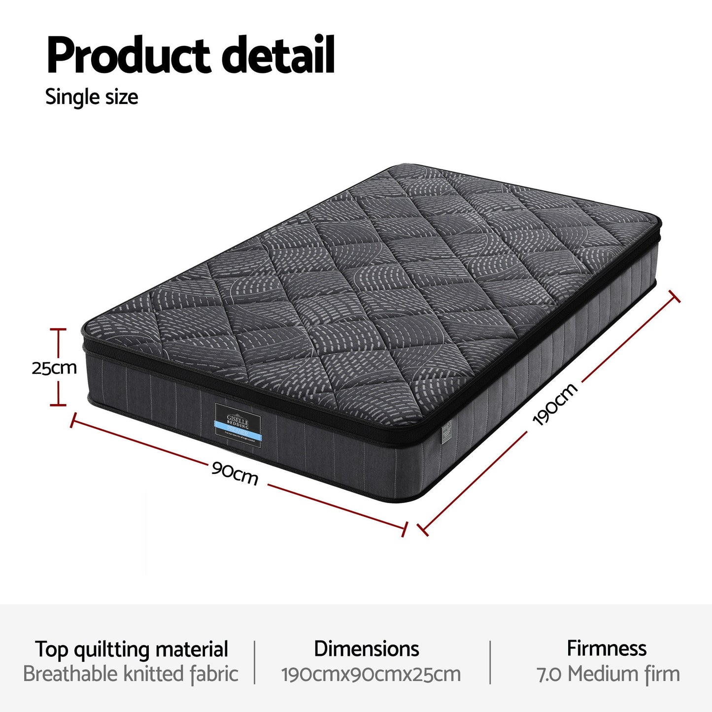 Giselle Bedding Single Mattress 25cm Pocket Spring Latex Euro Top Medium Firm Bed MATTRESS-D-NOIR-25-S