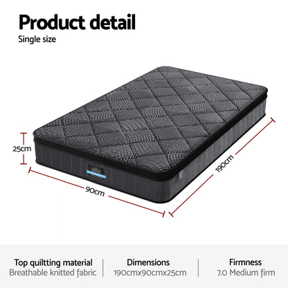 Giselle Bedding Single Mattress 25cm Pocket Spring Latex Euro Top Medium Firm Bed MATTRESS-D-NOIR-25-S