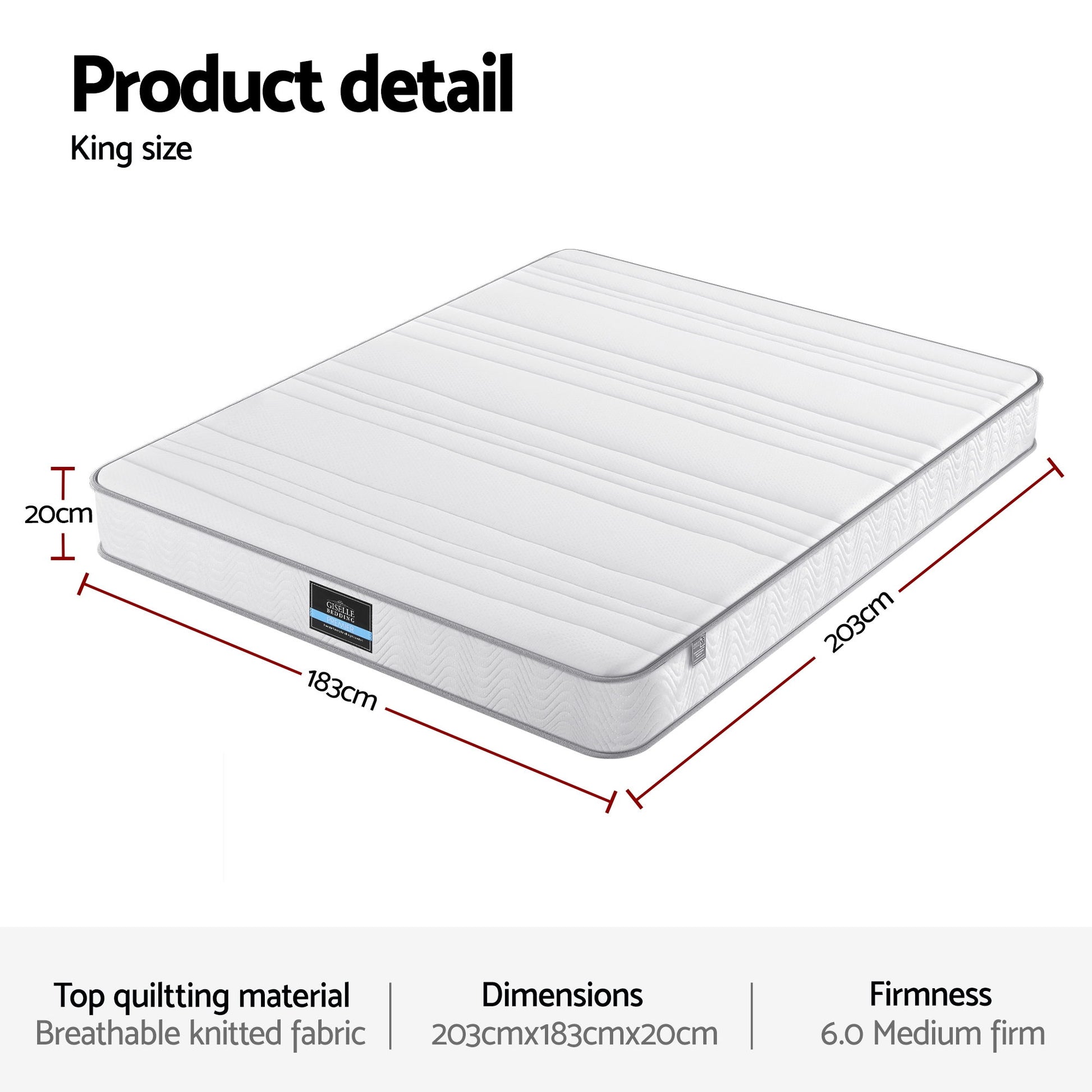 Giselle King Mattress 20cm with Reinforced Edge Support Egg-Crate Foam MATTRESS-D-PLAIN-20-K