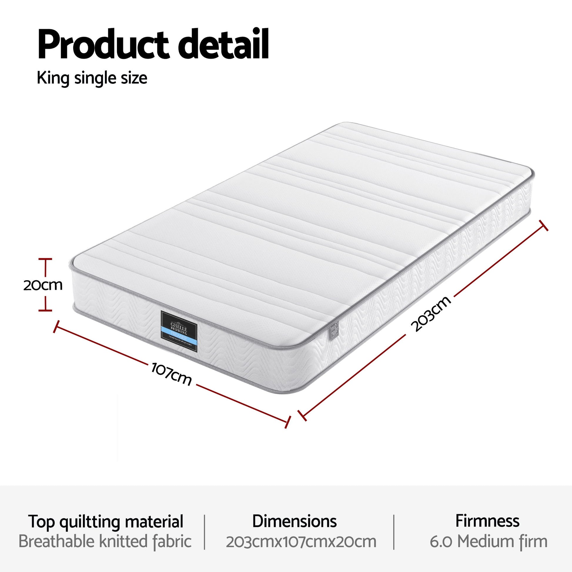 Giselle King Single Mattress 20cm with Reinforced Edge Support Egg-Crate Foam MATTRESS-D-PLAIN-20-KS