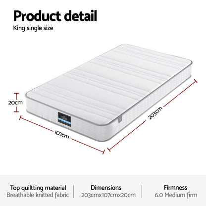 Giselle King Single Mattress 20cm with Reinforced Edge Support Egg-Crate Foam MATTRESS-D-PLAIN-20-KS
