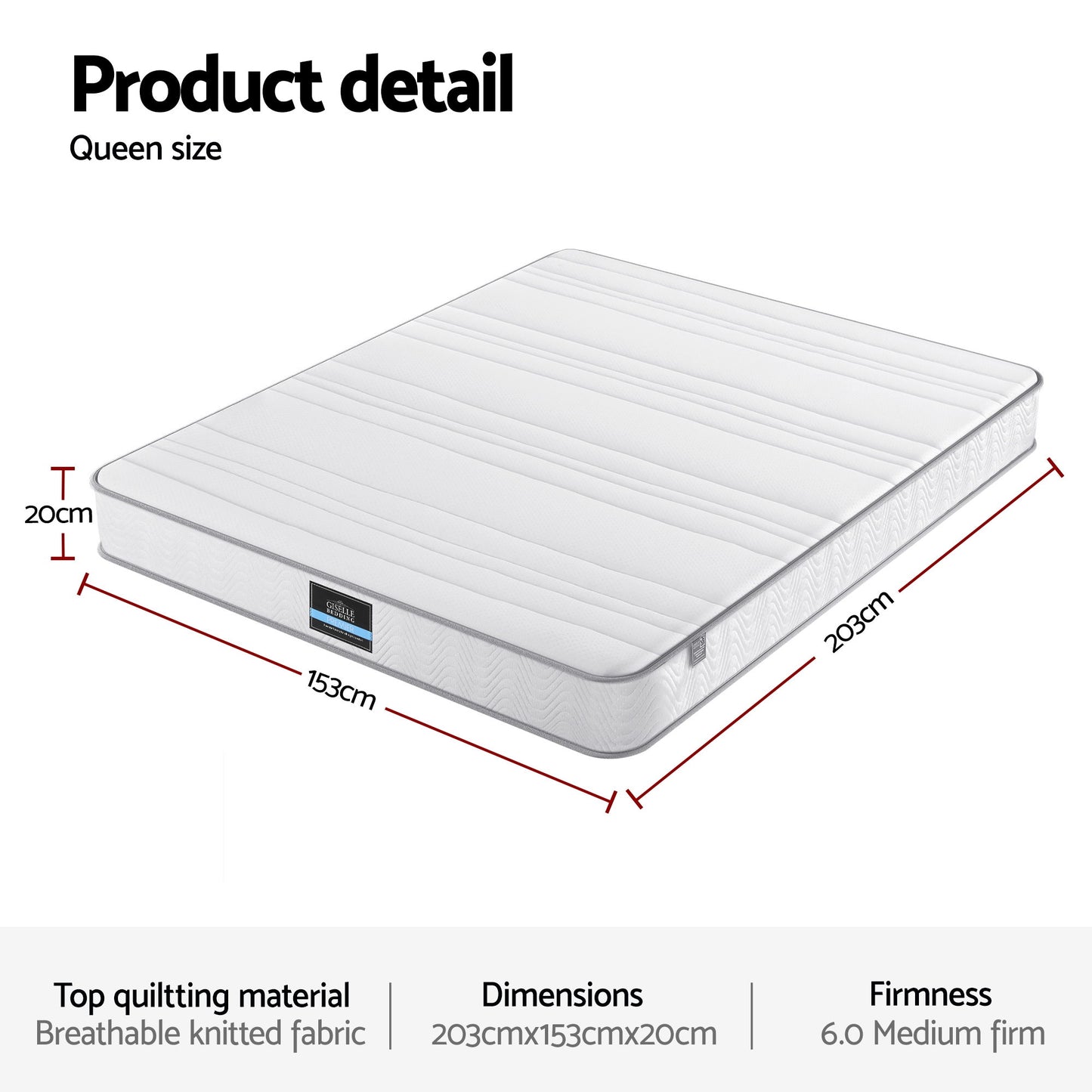 Giselle Queen Mattress 20cm with Reinforced Edge Support Egg-Crate Foam MATTRESS-D-PLAIN-20-Q