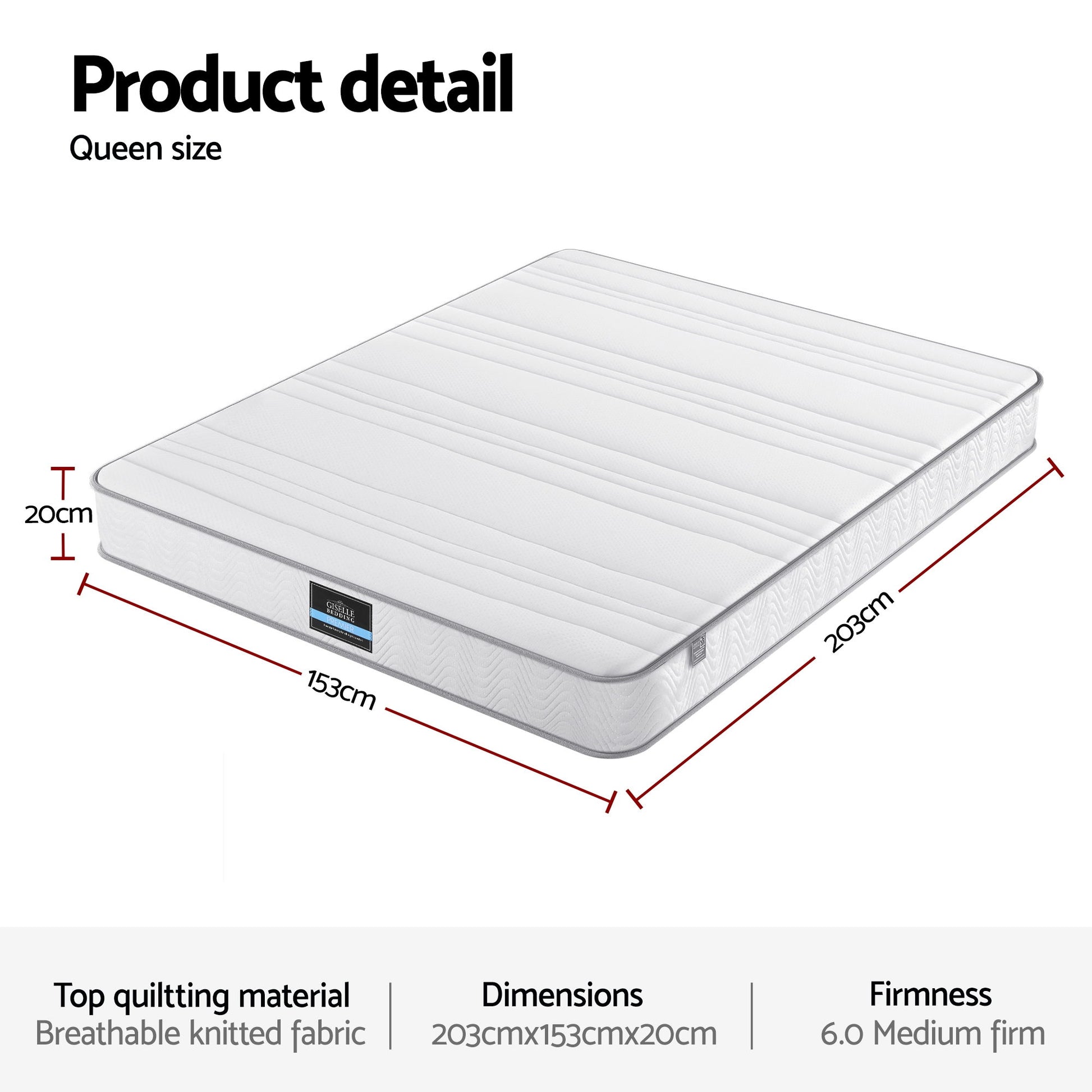 Giselle Queen Mattress 20cm with Reinforced Edge Support Egg-Crate Foam MATTRESS-D-PLAIN-20-Q