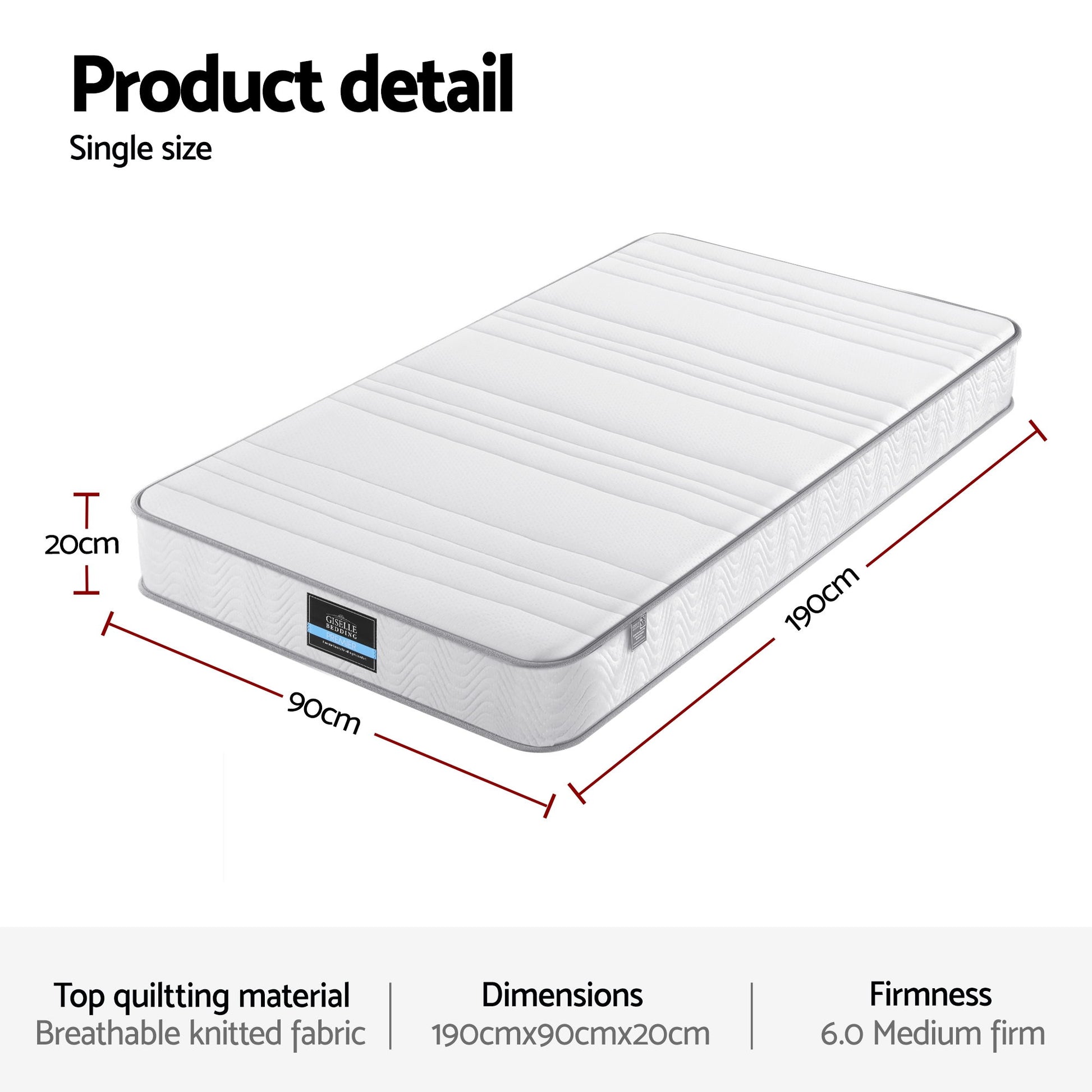 Giselle Single Mattress 20cm with Reinforced Edge Support Egg-Crate Foam MATTRESS-D-PLAIN-20-S