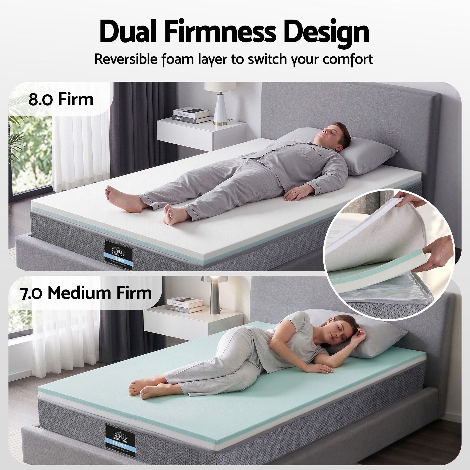 Giselle Bedding King Single Mattress 23cm Pocket Spring Mattress with Adjustable Firmness Reversible Foam Layer for Medium Firm & Firm Support Motion Isolation Bedroom Bed