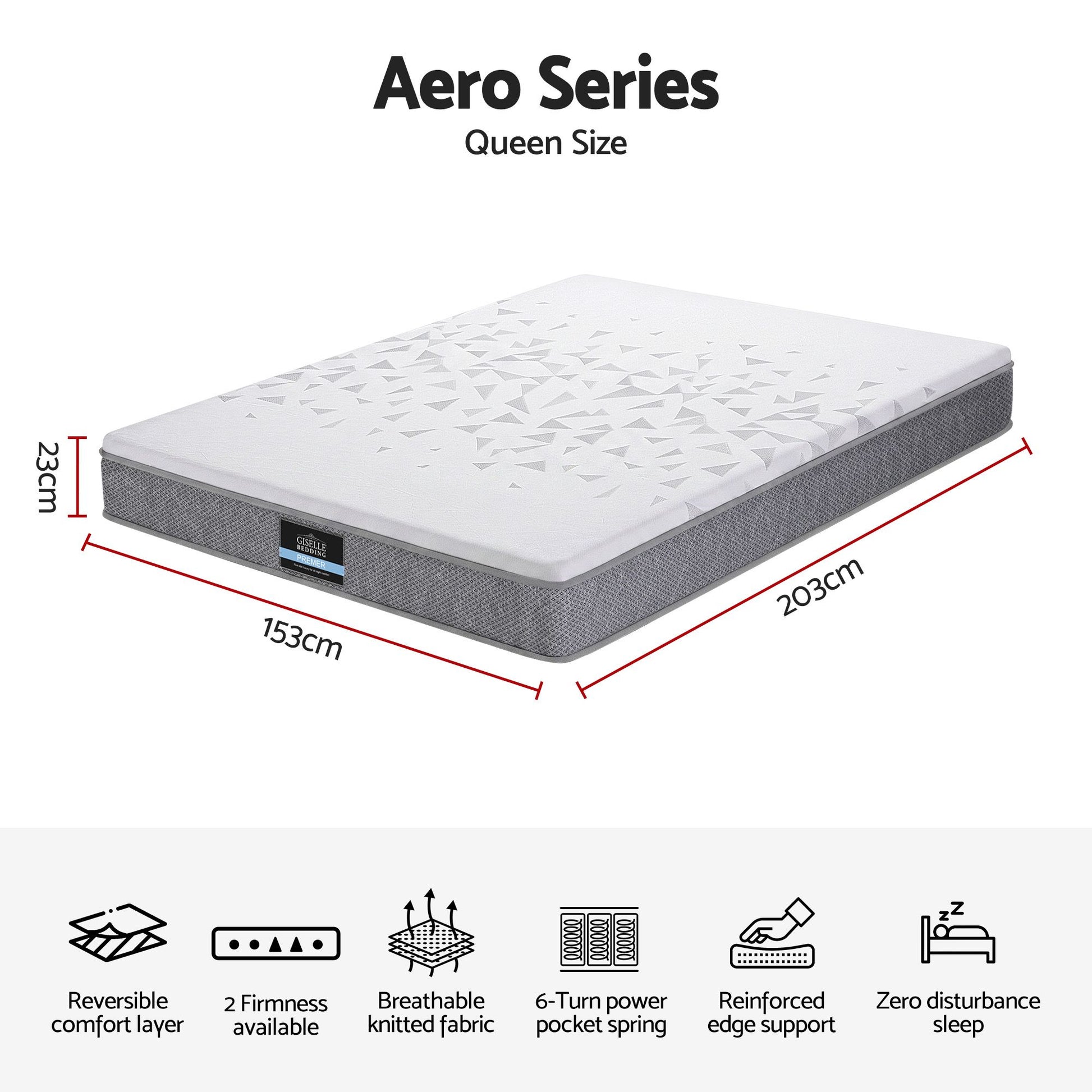 Giselle Bedding Queen Mattress 23cm Pocket Spring Mattress with Adjustable Firmness Reversible Foam Layer for MATTRESS-E-AERO-23-Q