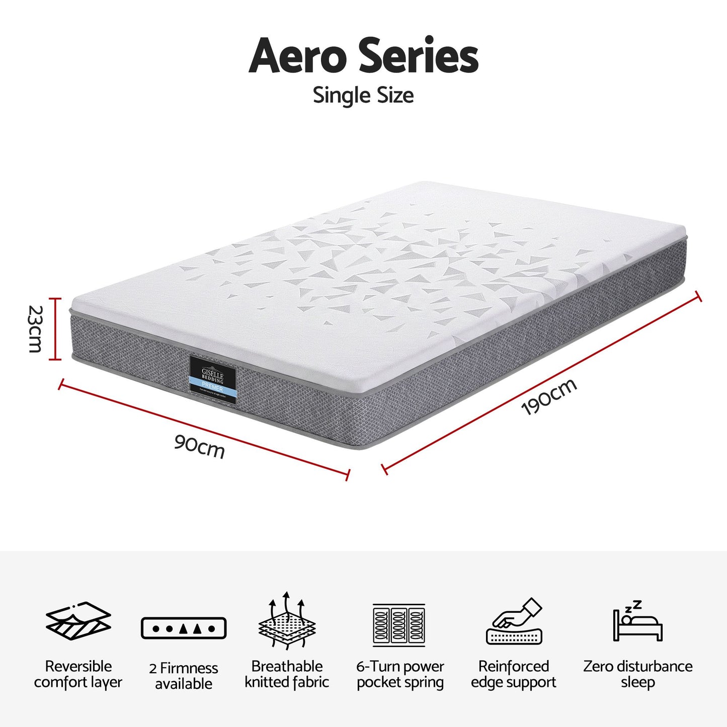 Giselle Bedding Single Mattress 23cm Pocket Spring Mattress with Adjustable Firmness Reversible Foam Layer MATTRESS-E-AERO-23-S