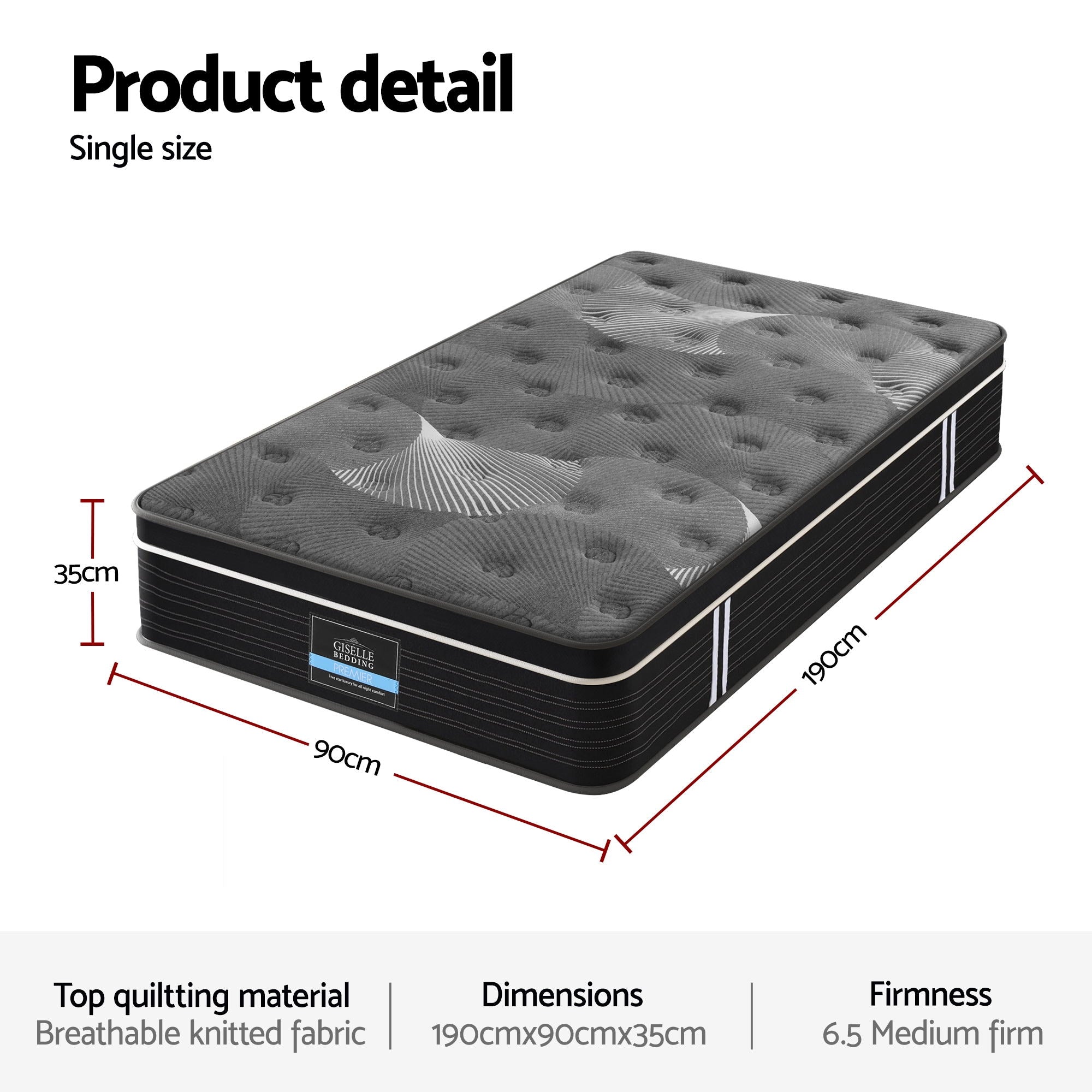 Giselle Bedding Single Mattress 35cm Euro Top with Graphene Cooling Comfort Medium Firm
