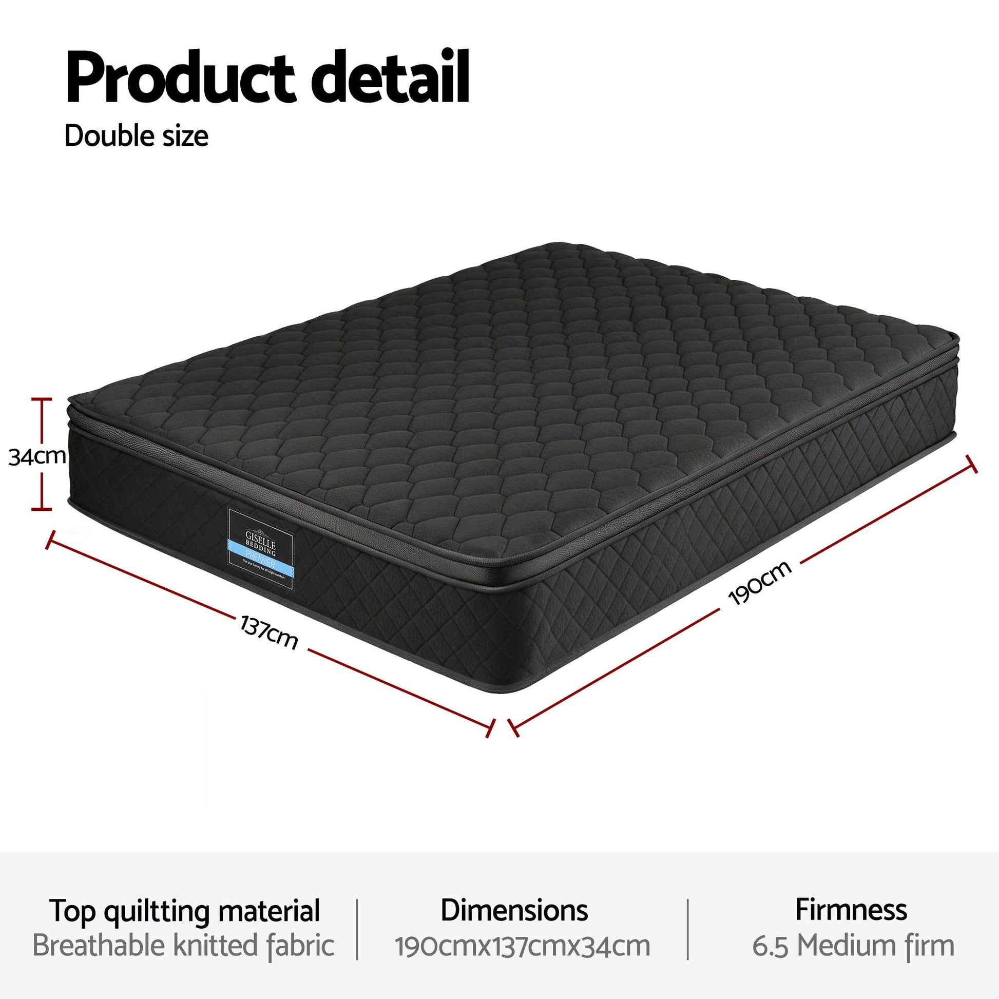 Giselle Bedding Double Mattress 34cm Euro Top with 5-Zone Pocket Spring Support Black MATTRESS-E-MUSE-34-D