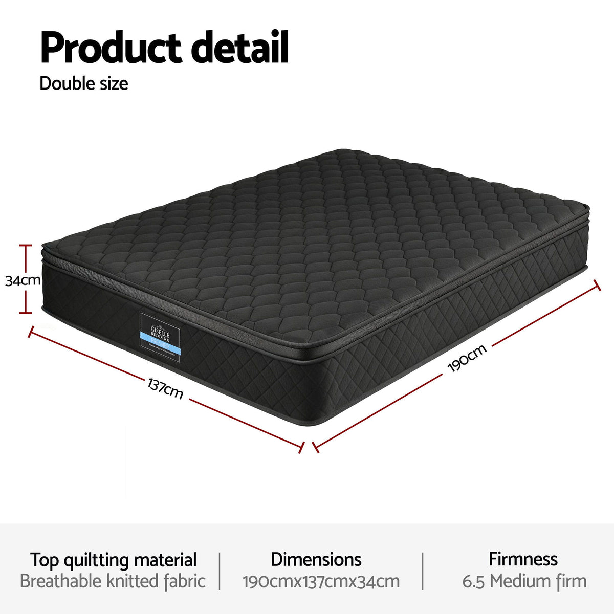 Giselle Bedding Double Mattress 34cm Euro Top with 5-Zone Pocket Spring Support Black