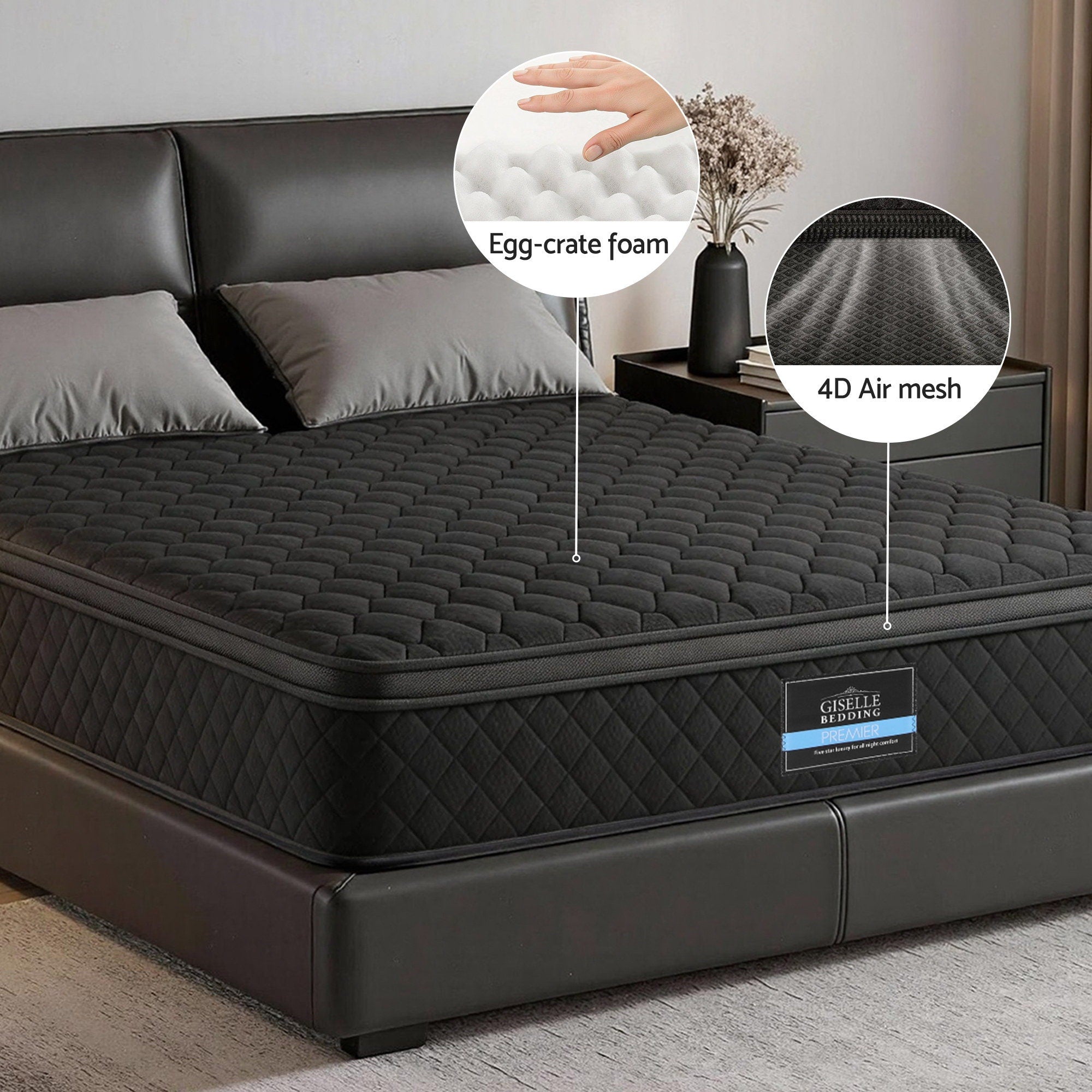 Giselle Bedding King Mattress 34cm Euro Top with 5-Zone Pocket Spring Support Black MATTRESS-E-MUSE-34-K