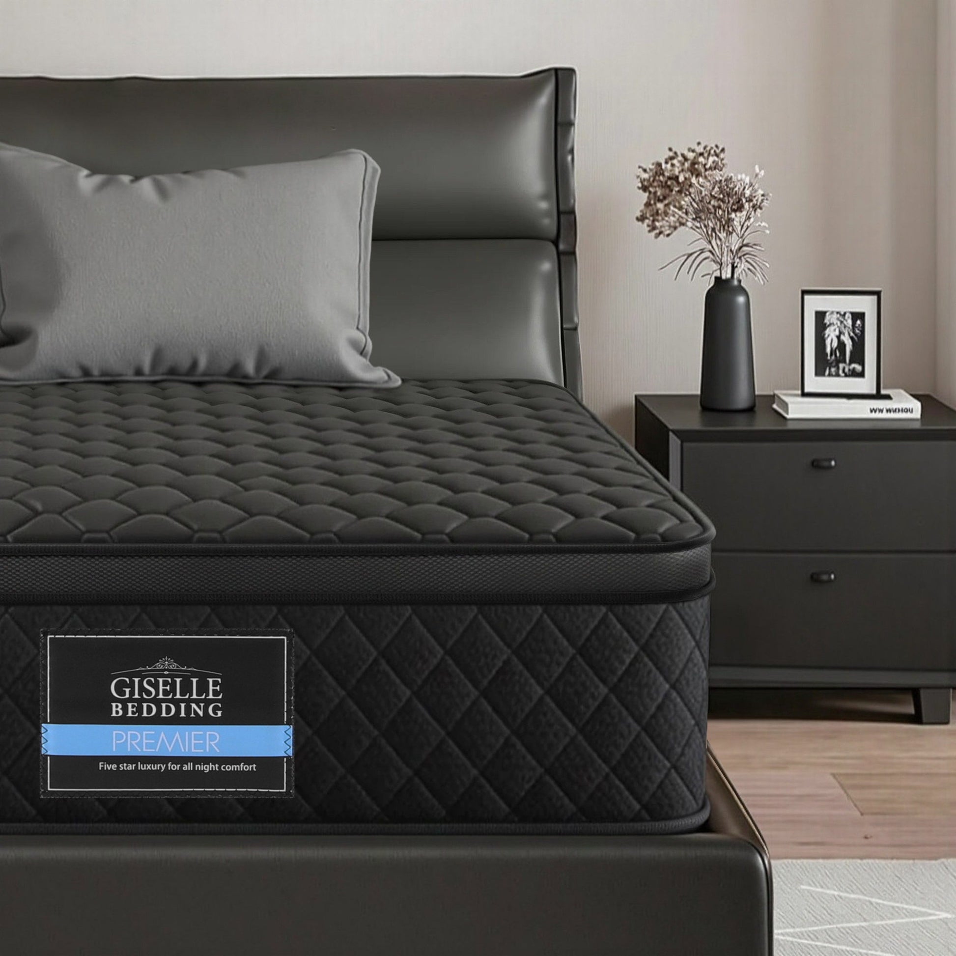Giselle Bedding King Single Mattress 34cm Euro Top with 5-Zone Pocket Spring Support Black MATTRESS-E-MUSE-34-KS