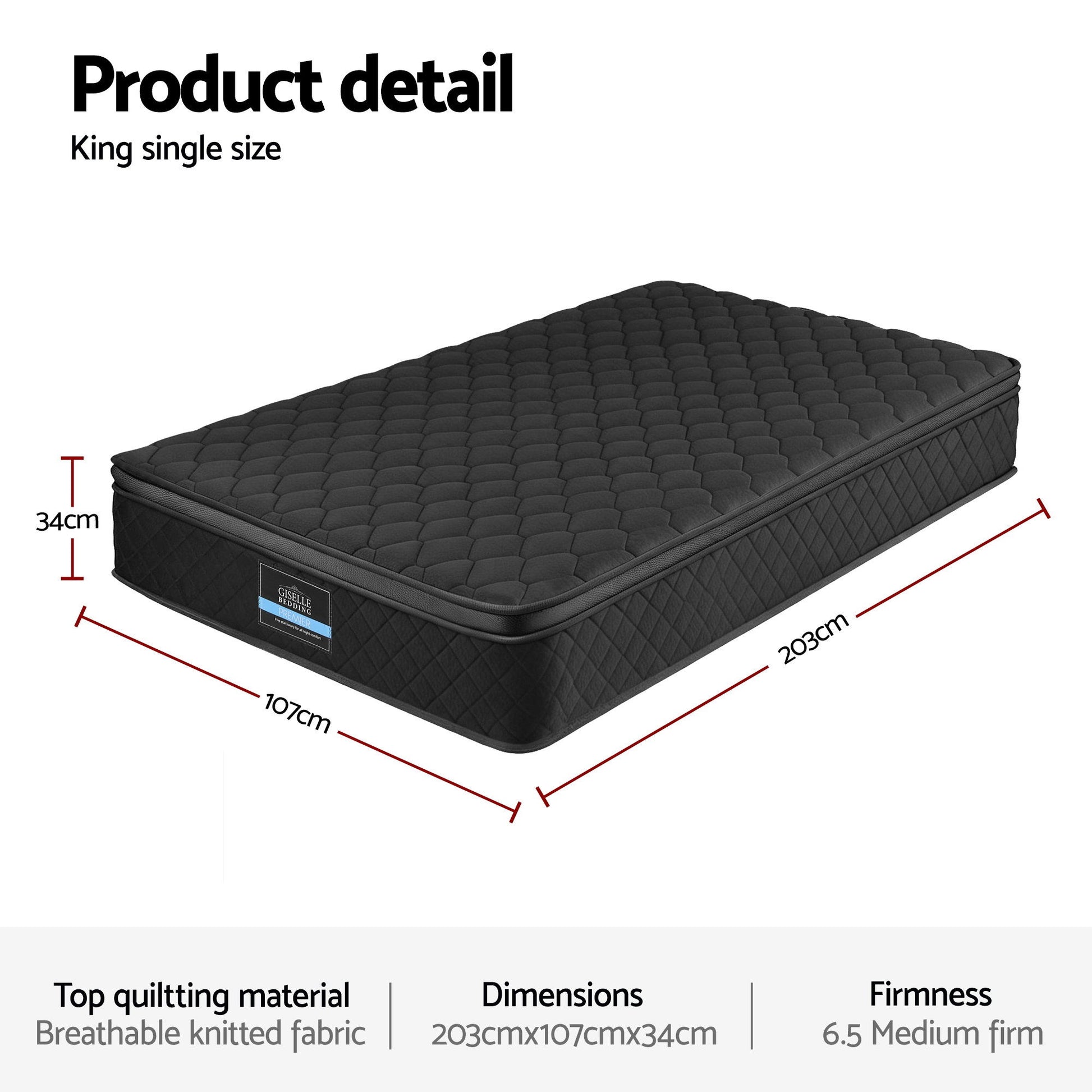 Giselle Bedding King Single Mattress 34cm Euro Top with 5-Zone Pocket Spring Support Black MATTRESS-E-MUSE-34-KS