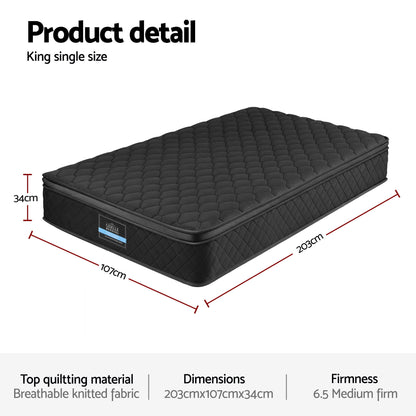 Giselle Bedding King Single Mattress 34cm Euro Top with 5-Zone Pocket Spring Support Black MATTRESS-E-MUSE-34-KS