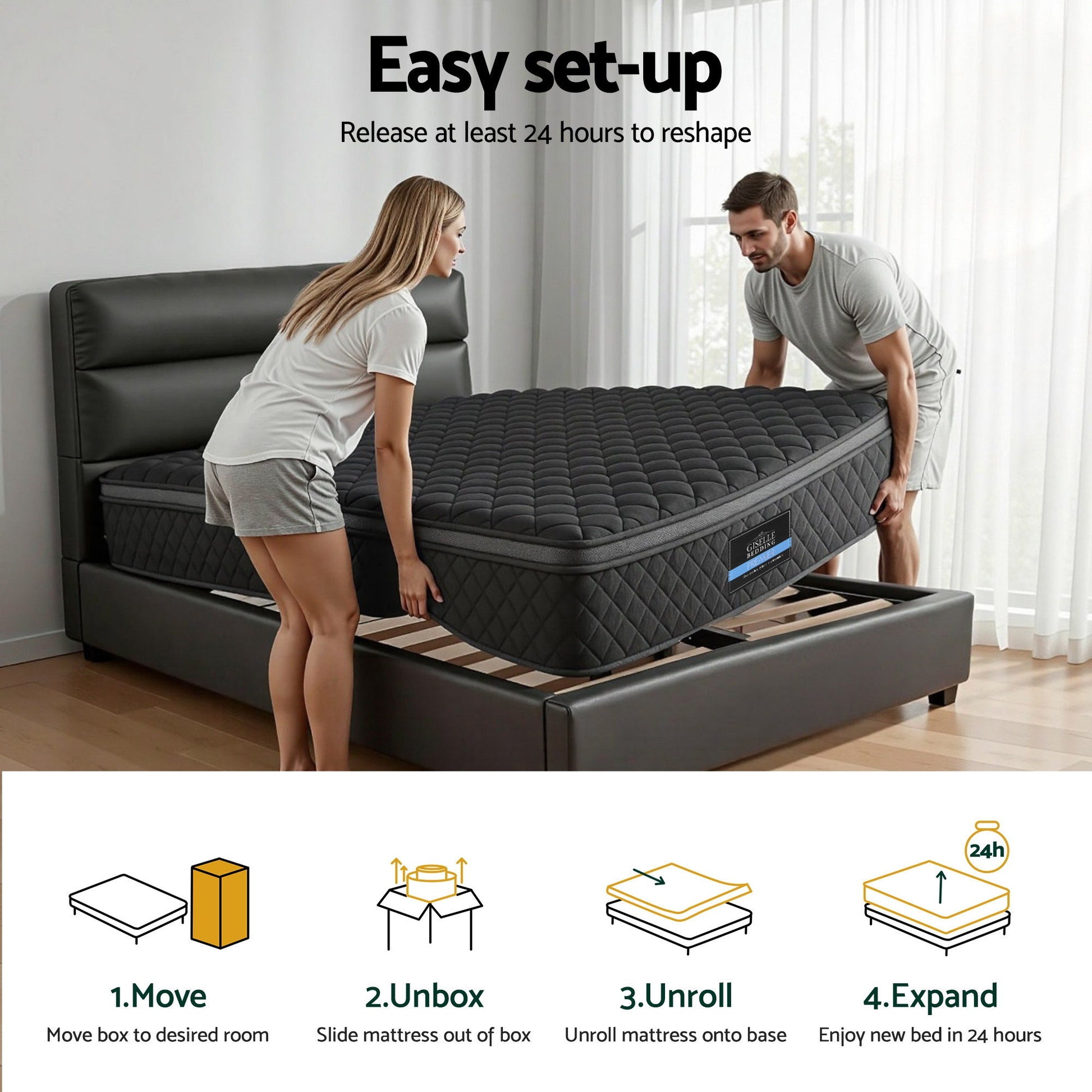 Giselle Bedding King Single Mattress 34cm Euro Top with 5-Zone Pocket Spring Support Black MATTRESS-E-MUSE-34-KS