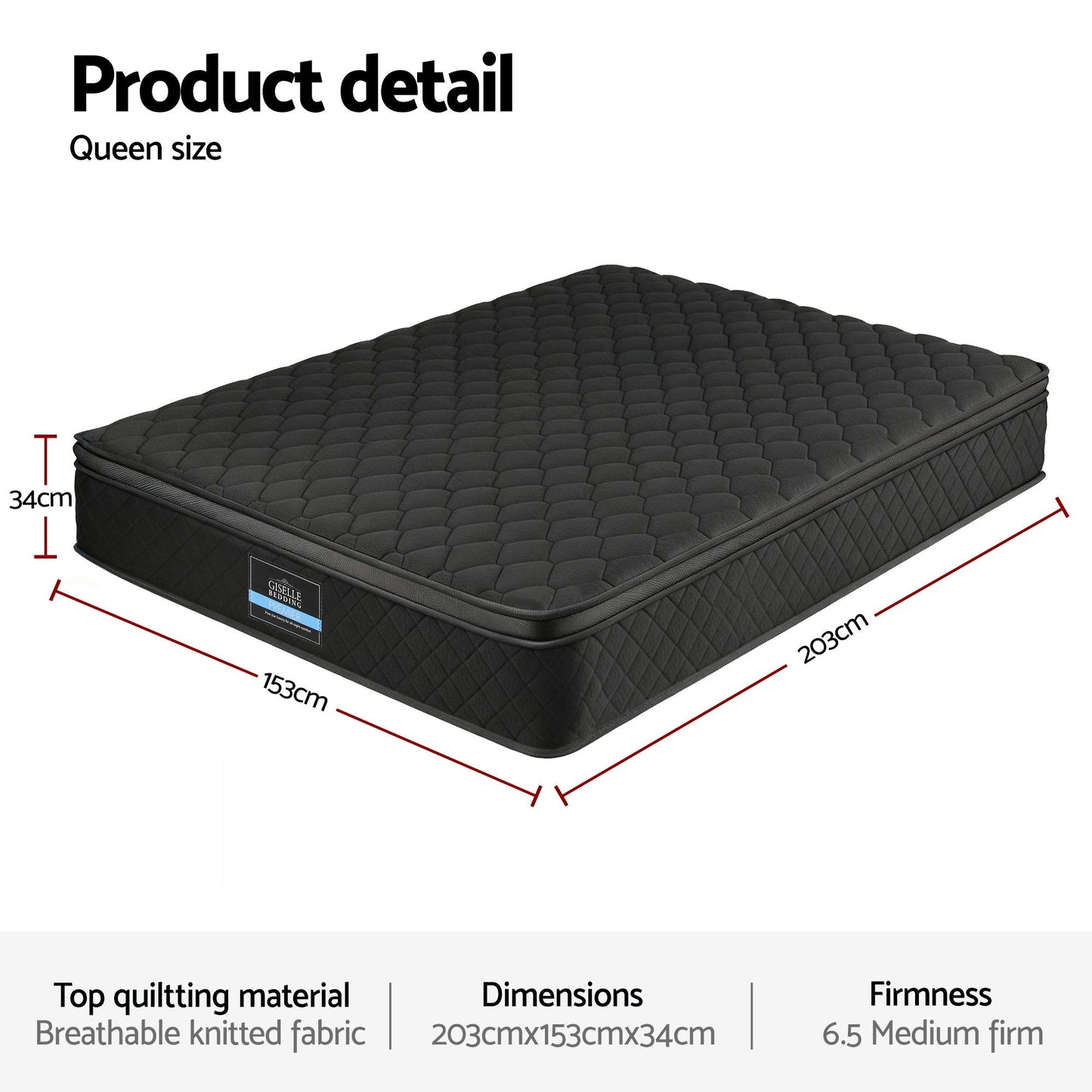 Giselle Bedding Queen Mattress 34cm Euro Top with 5-Zone Pocket Spring Support Black MATTRESS-E-MUSE-34-Q