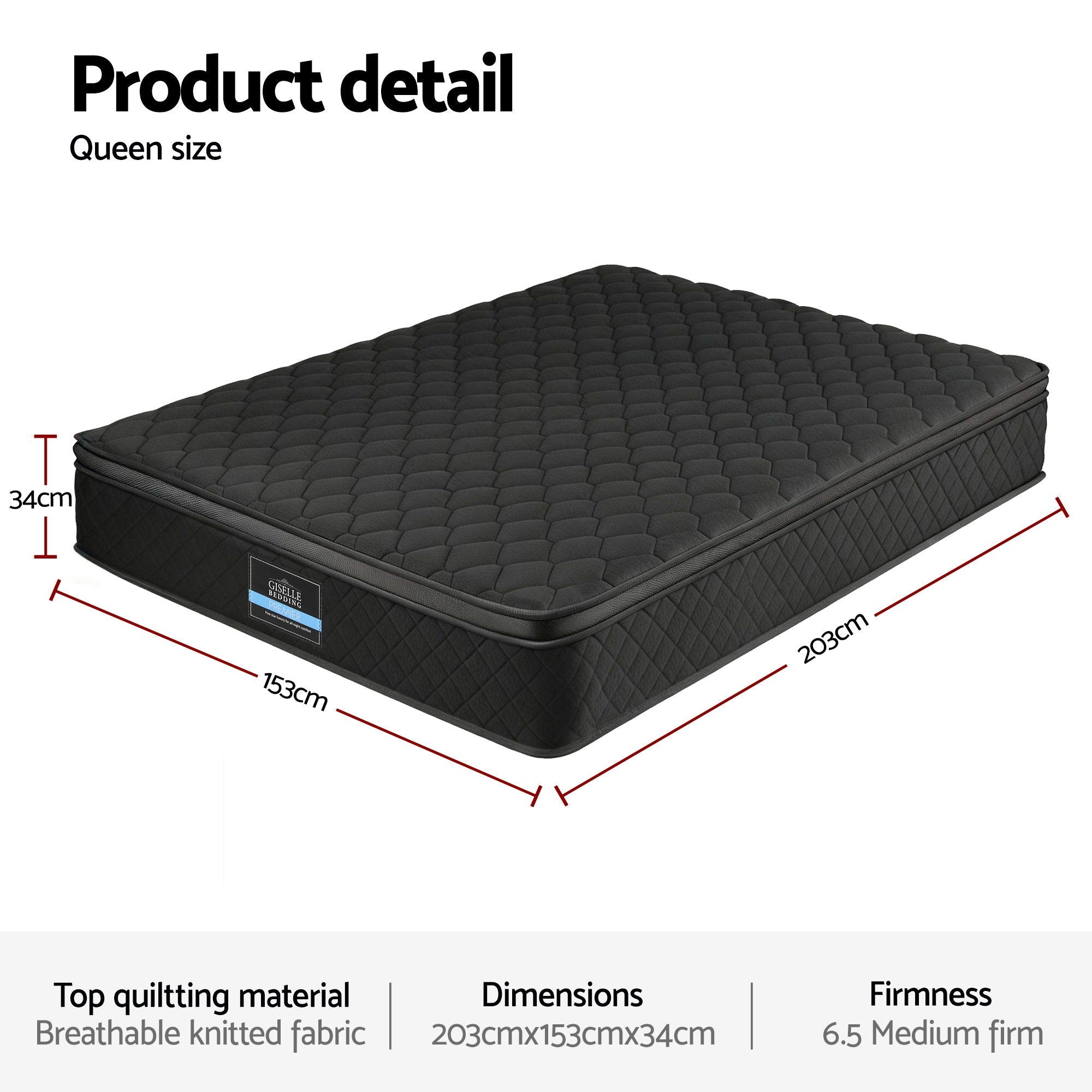 Giselle Bedding Queen Mattress 34cm Euro Top with 5-Zone Pocket Spring Support Black MATTRESS-E-MUSE-34-Q