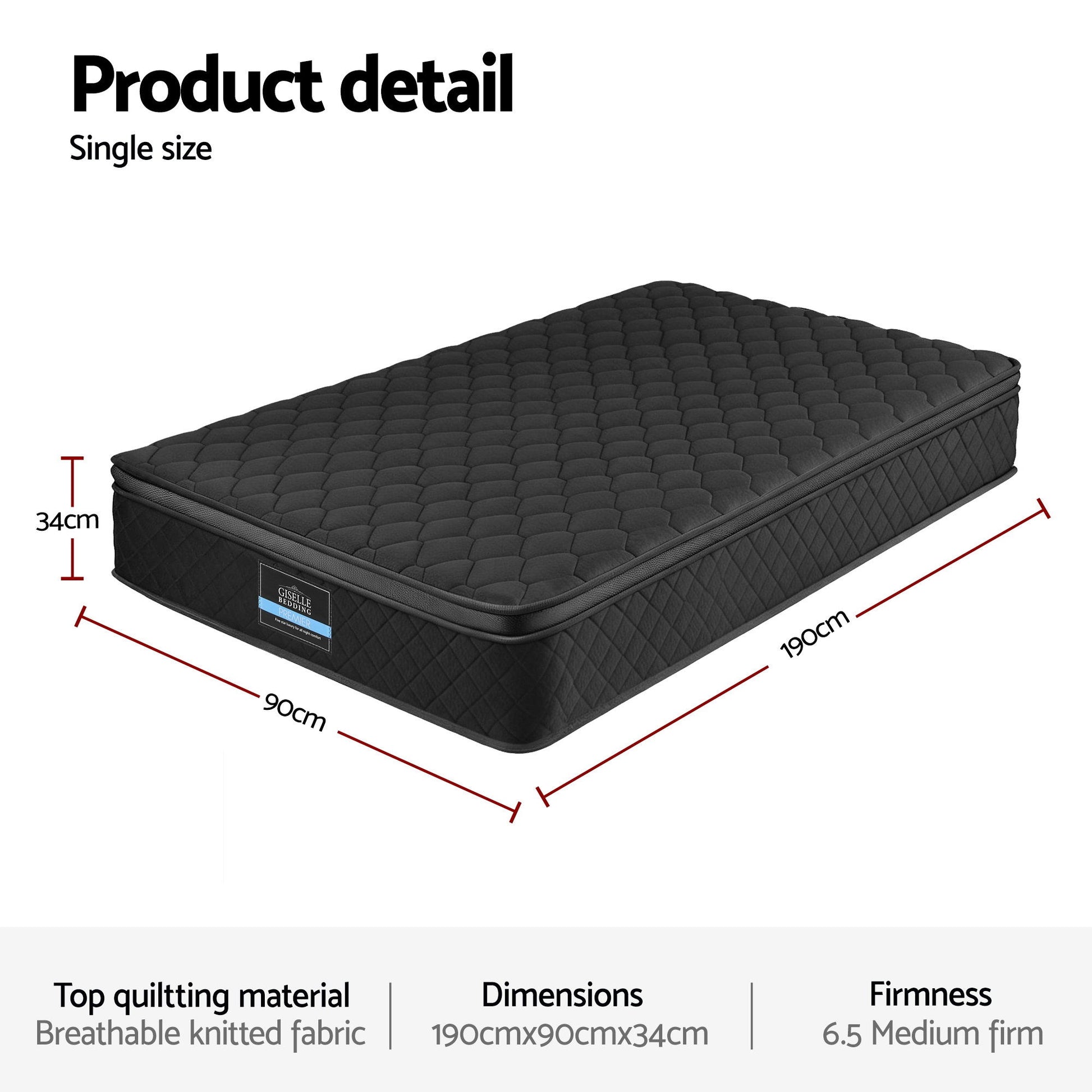 Giselle Bedding Single Mattress 34cm Euro Top with 5-Zone Pocket Spring Support Black MATTRESS-E-MUSE-34-S