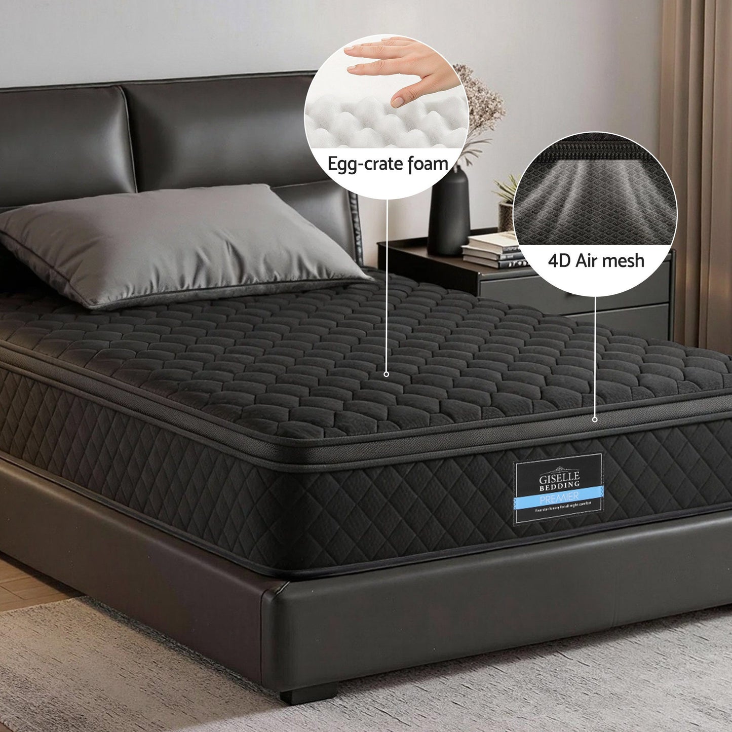 Giselle Bedding Single Mattress 34cm Euro Top with 5-Zone Pocket Spring Support Black MATTRESS-E-MUSE-34-S
