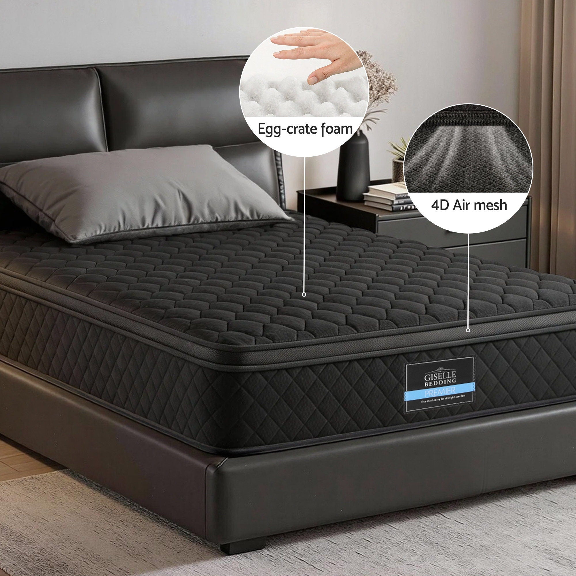Giselle Bedding Single Mattress 34cm Euro Top with 5-Zone Pocket Spring Support Black