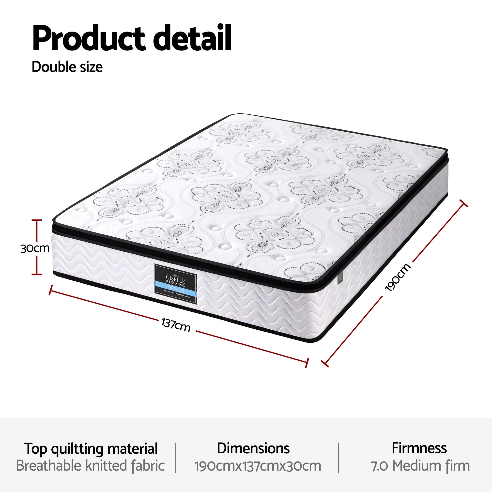 Giselle Bedding Double Mattress 30cm Pocket Spring Euro Top Medium Firm Foam