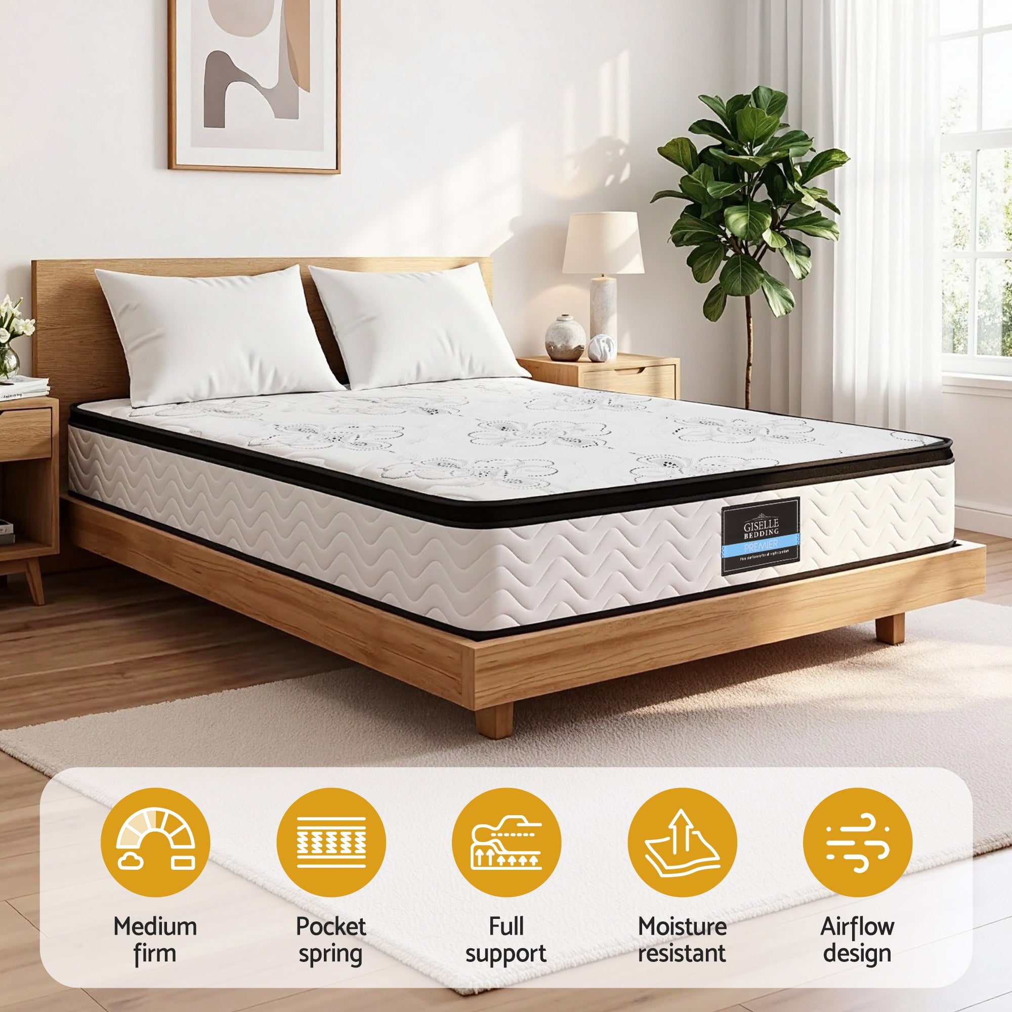 Giselle Bedding Double Mattress 30cm Pocket Spring Euro Top Medium Firm Foam