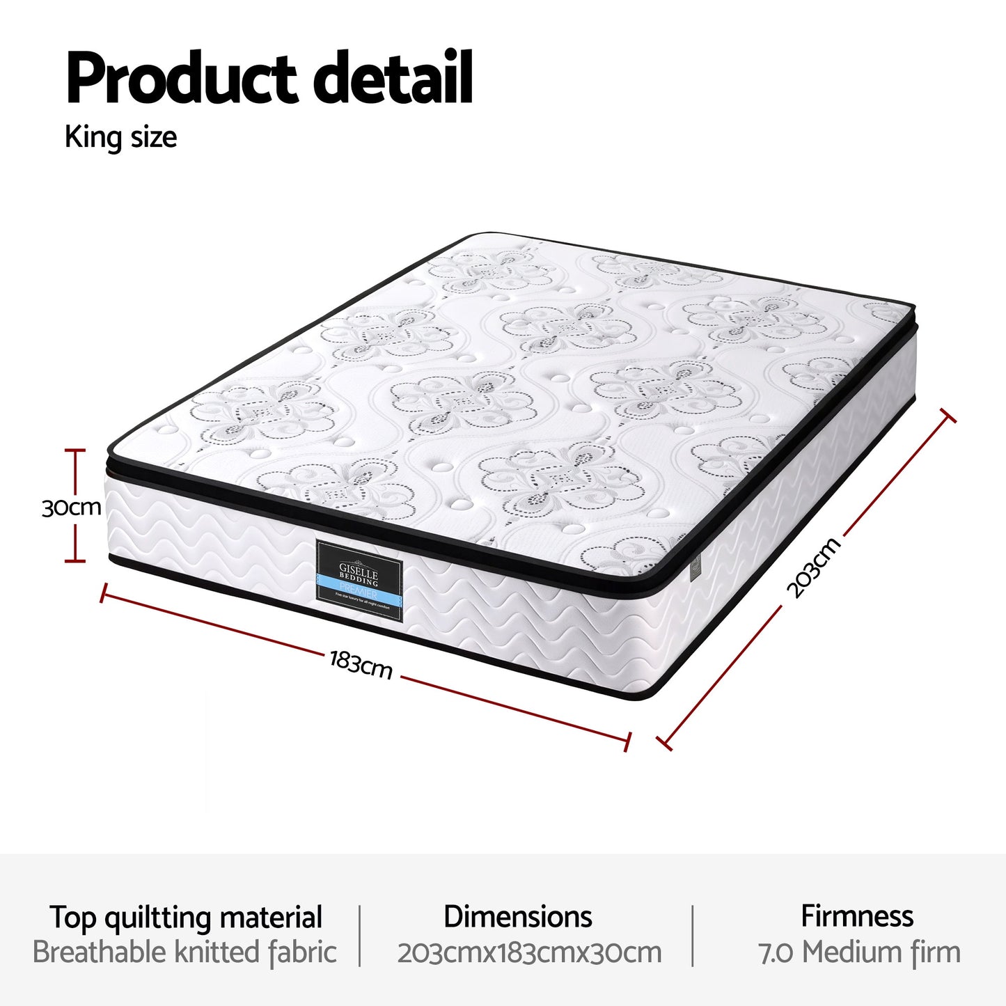 Giselle Bedding King Mattress 30cm Pocket Spring Euro Top Medium Firm Foam MATTRESS-E-VERVE-30-K